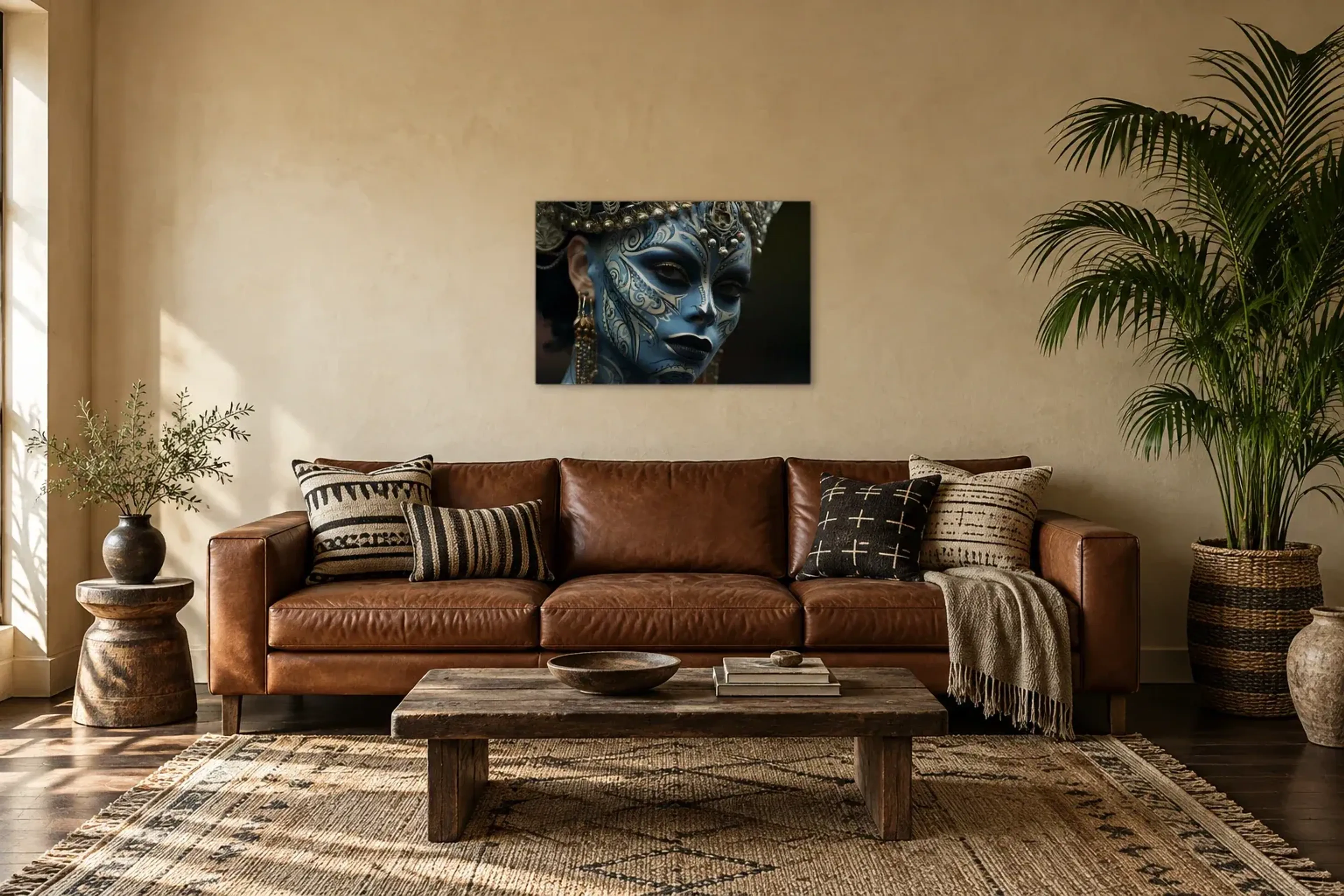 Gesicht in Blau als Wandbild über einem 220-cm-Sofa