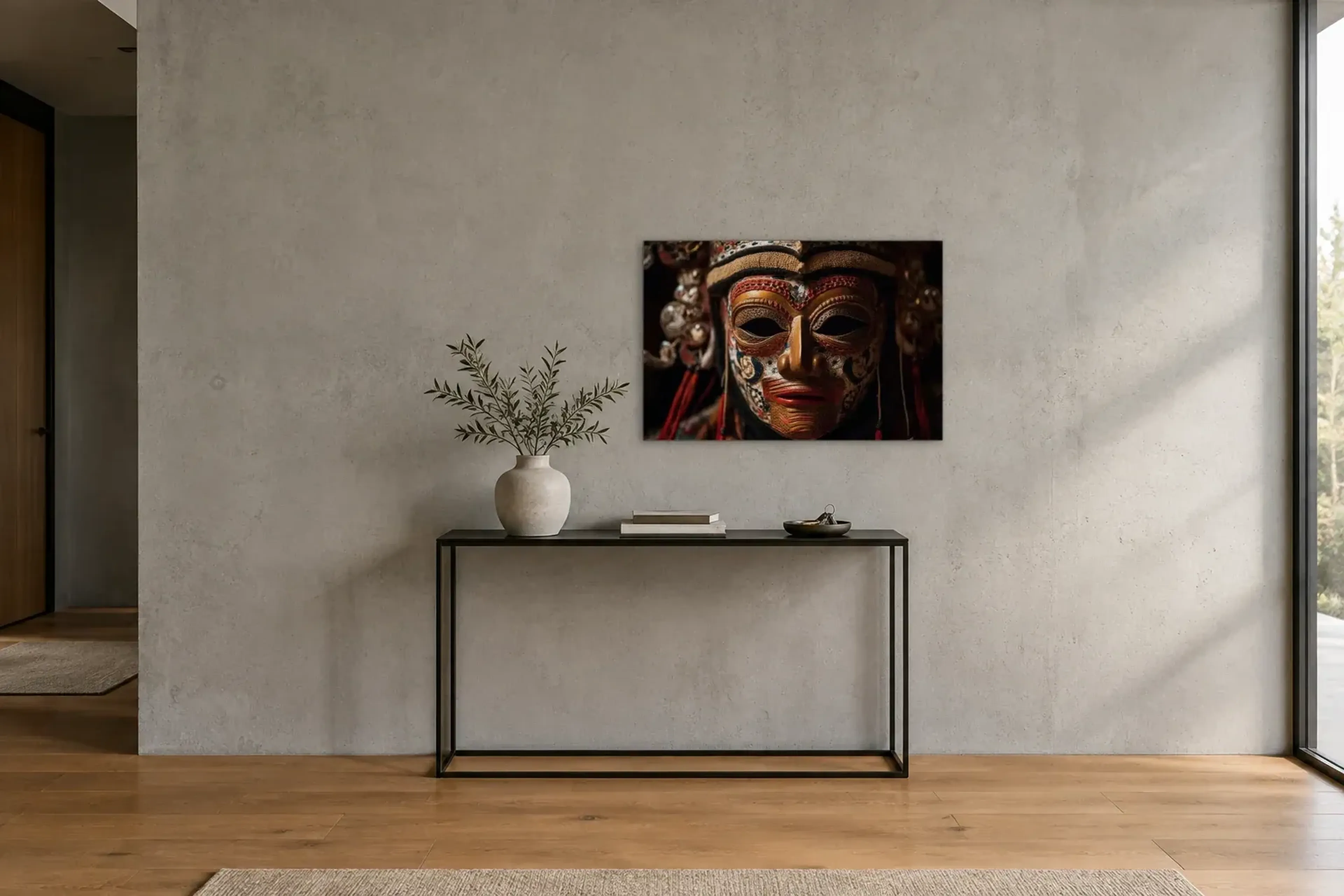 Maske in Rot und Gold als Wandbild über einer 120-cm-Konsole