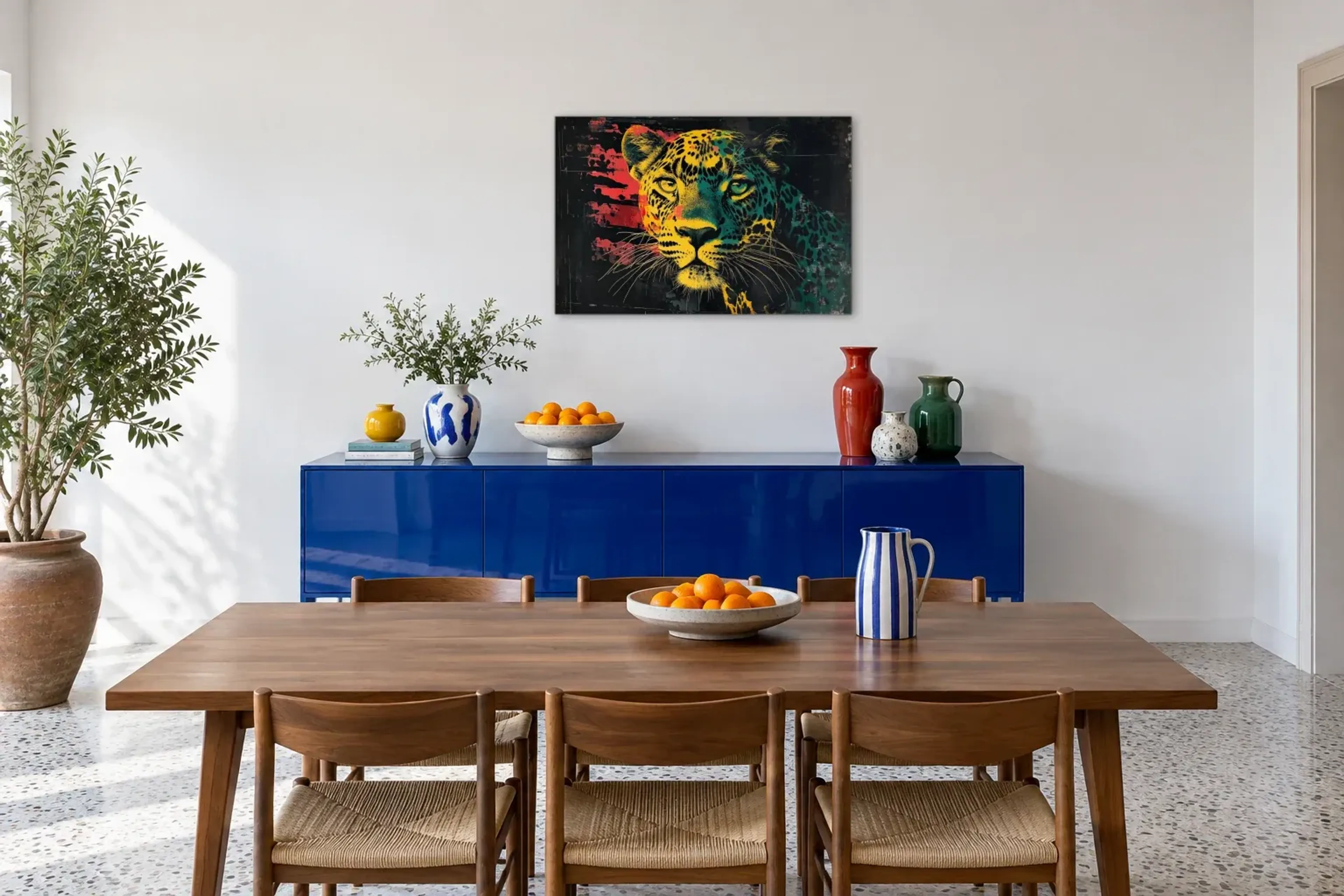 Leopard mit direktem Blick als Wandbild über einem 180-cm-Sideboard