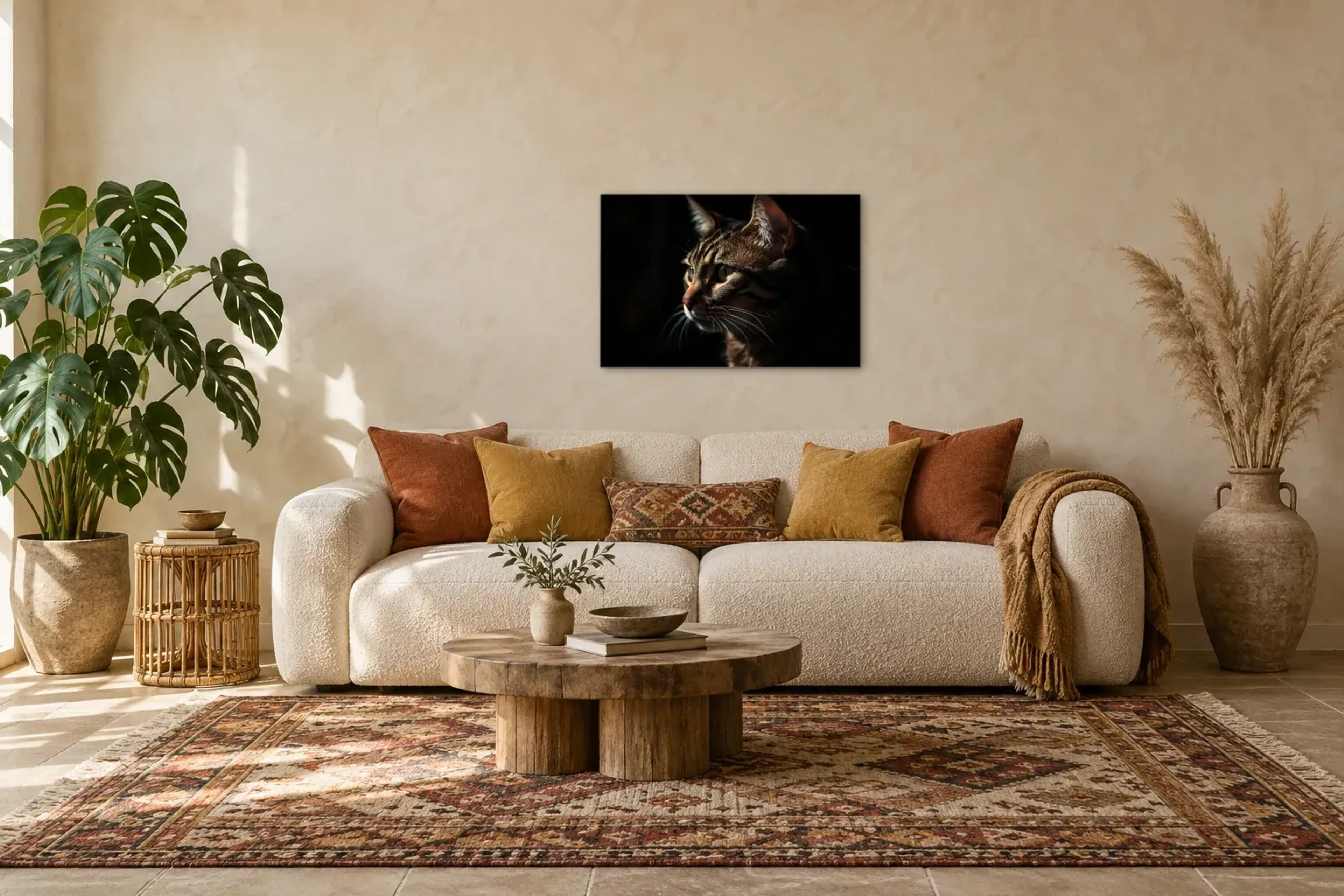 Katzenporträt im Schatten als Wandbild über einem 220-cm-Sofa