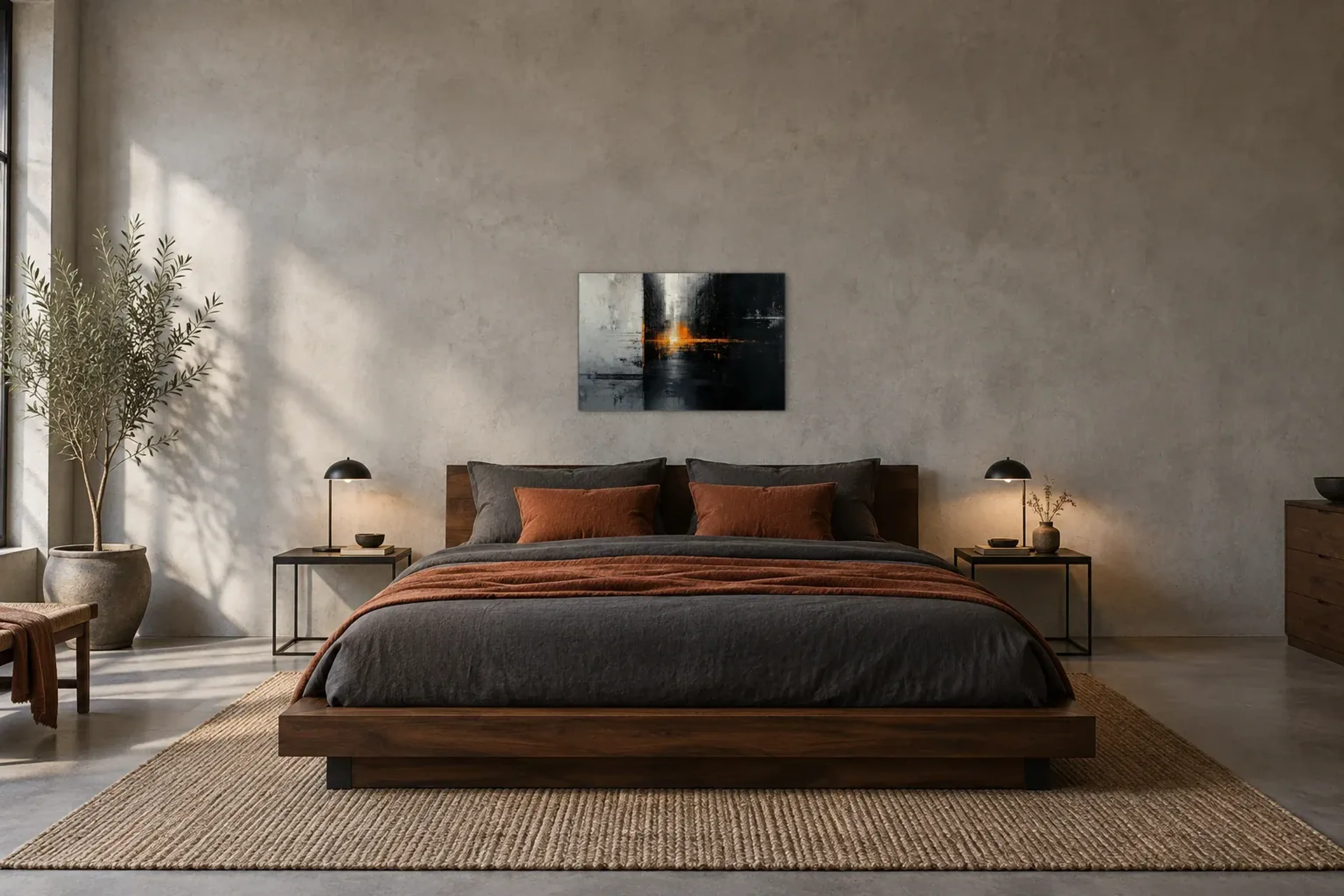 Stadt im Abendglühen als Wandbild über einem 180-cm-Bett