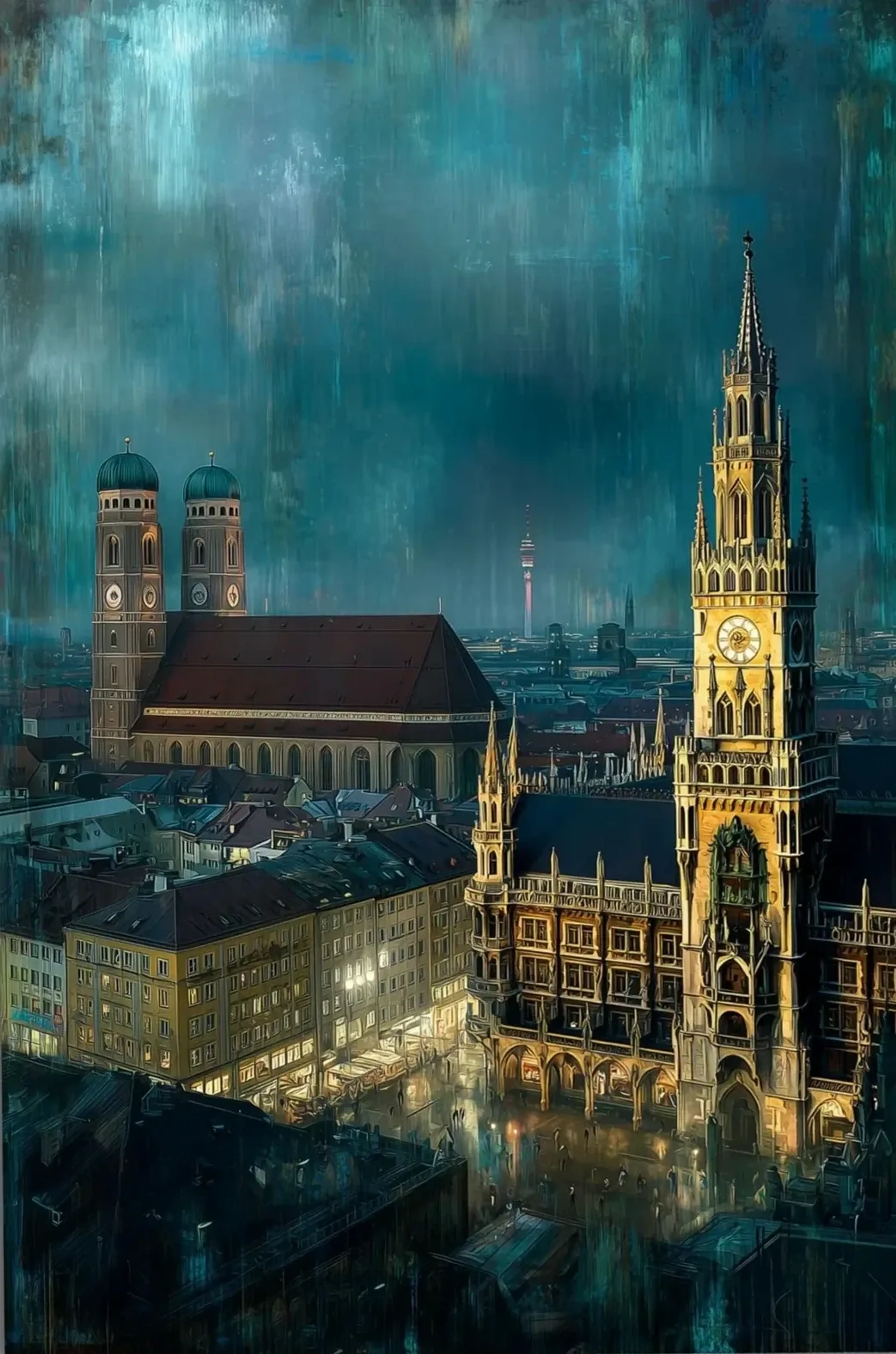 Golden beleuchteter Münchner Rathausturm und Frauenkirche unter türkisblauem Himmel mit Lichtreflexen auf dem Platz.