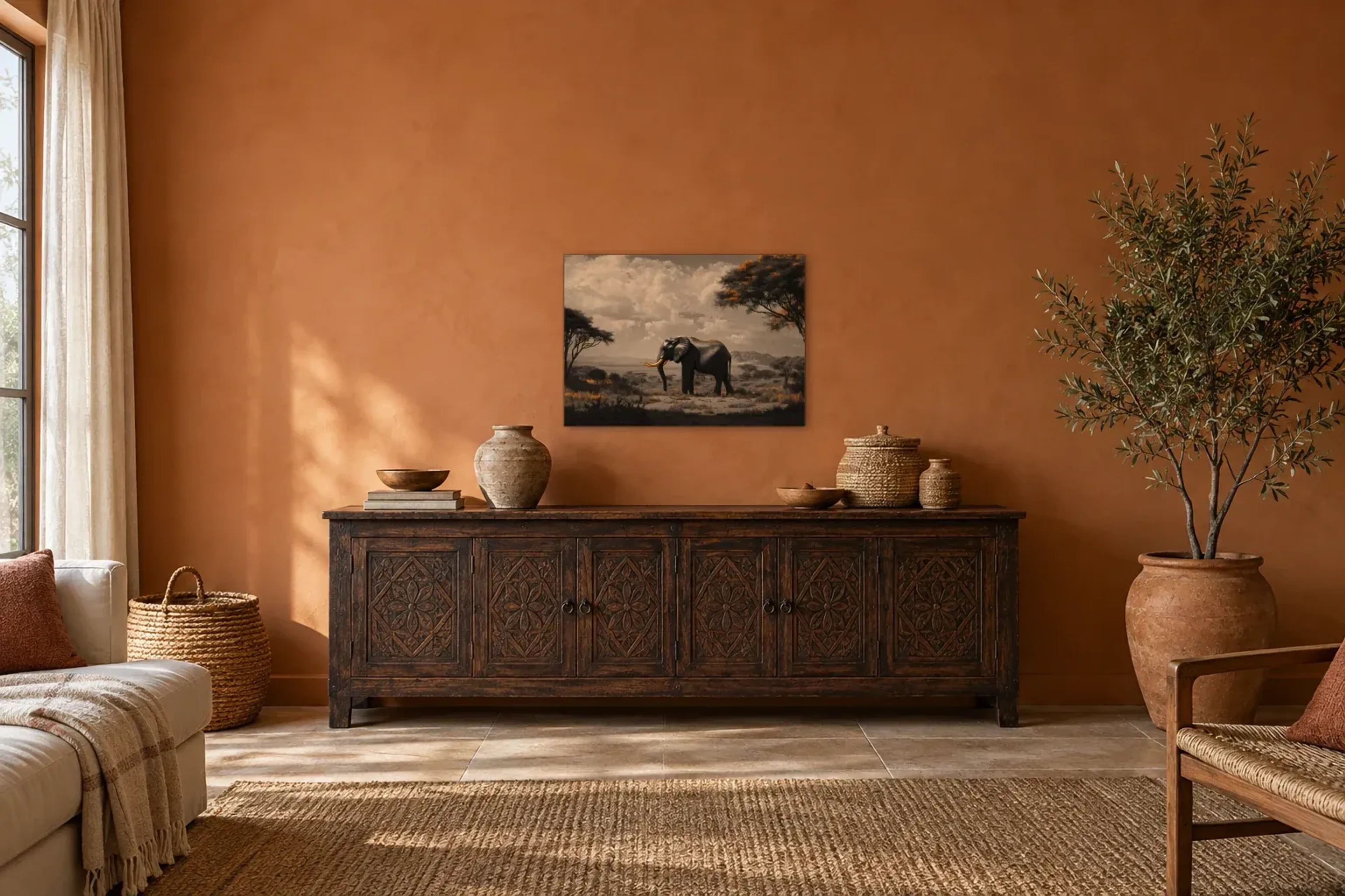 Elefant in der Savanne als Wandbild über einem 180-cm-Sideboard