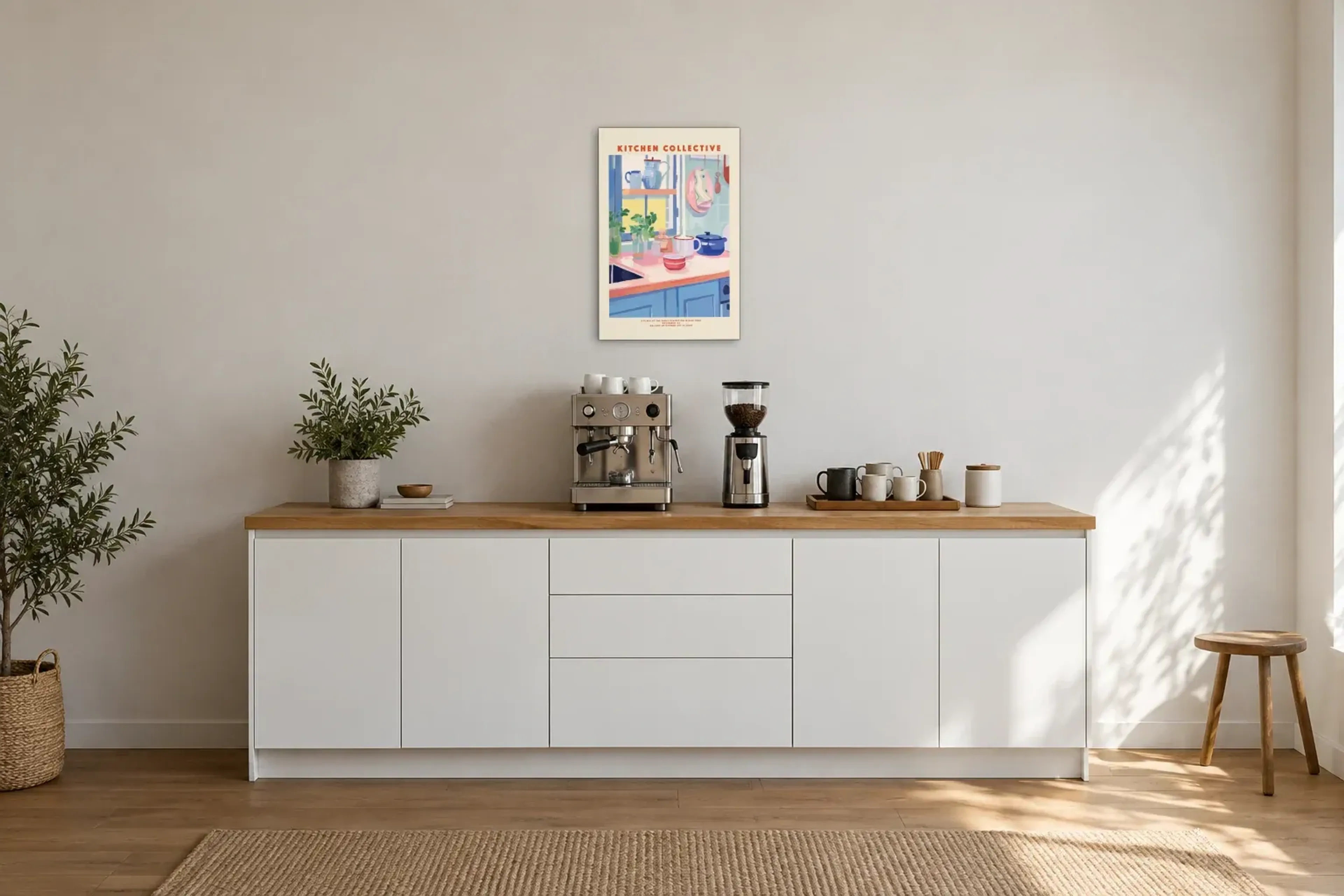 Küche in Pastell als Wandbild über einer 200-cm-Arbeitsplatte