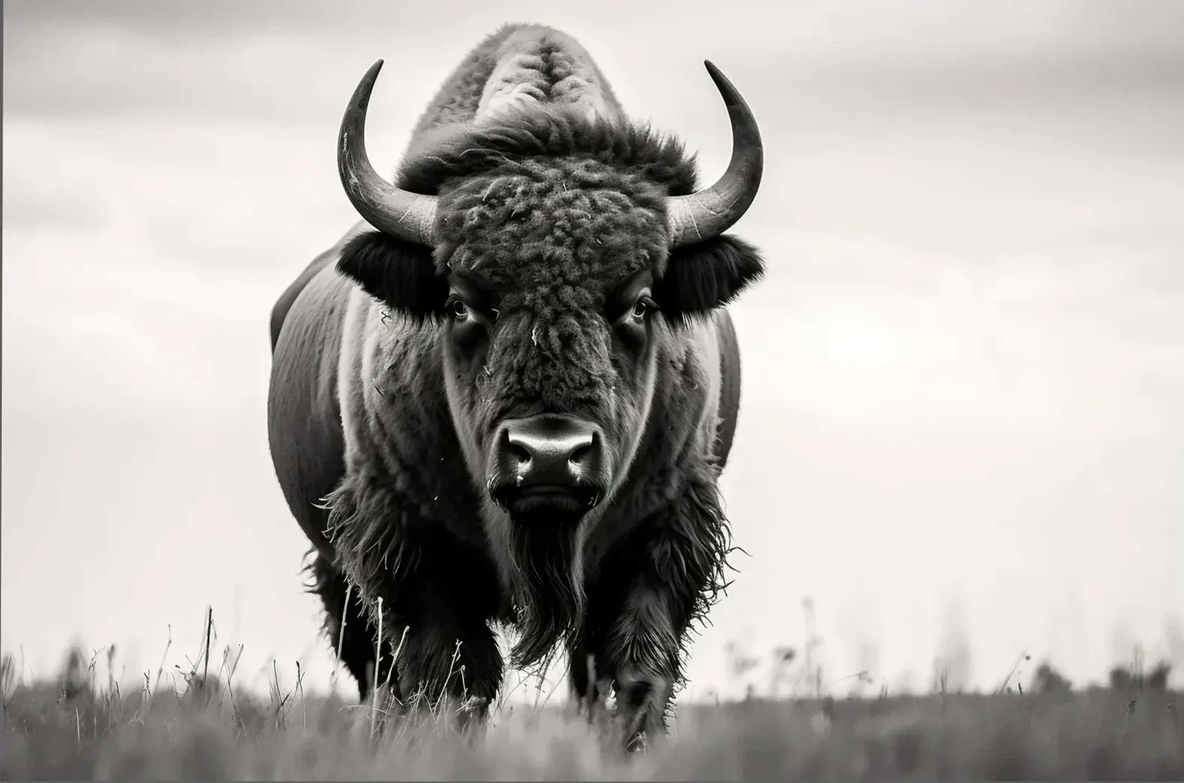 Ein Bison mit gesenktem Kopf und gebogenen Hörnern steht frontal im Gras, dargestellt in Schwarz-Weiß.