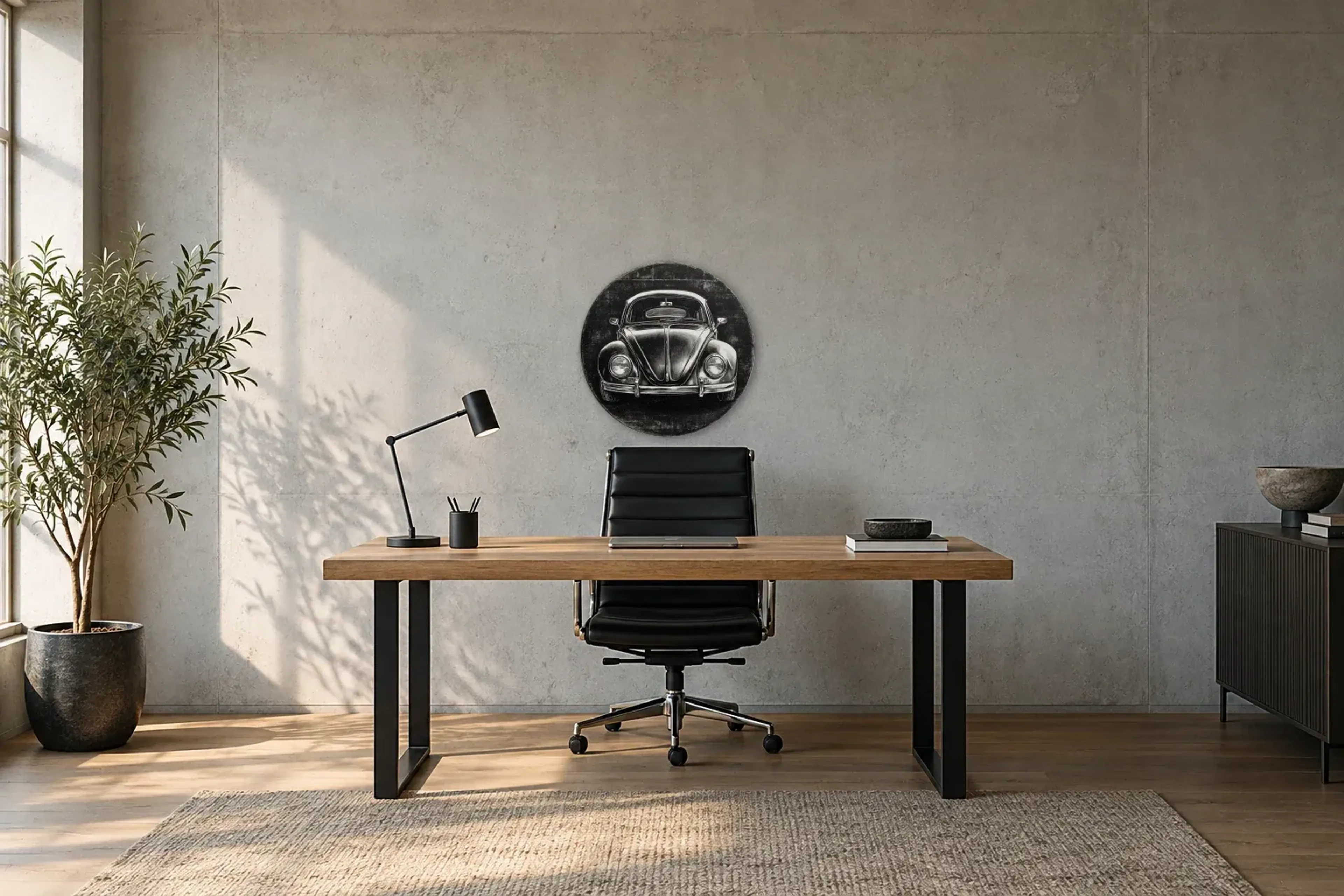 Käfer als Wandbild über einem 160-cm-Schreibtisch
