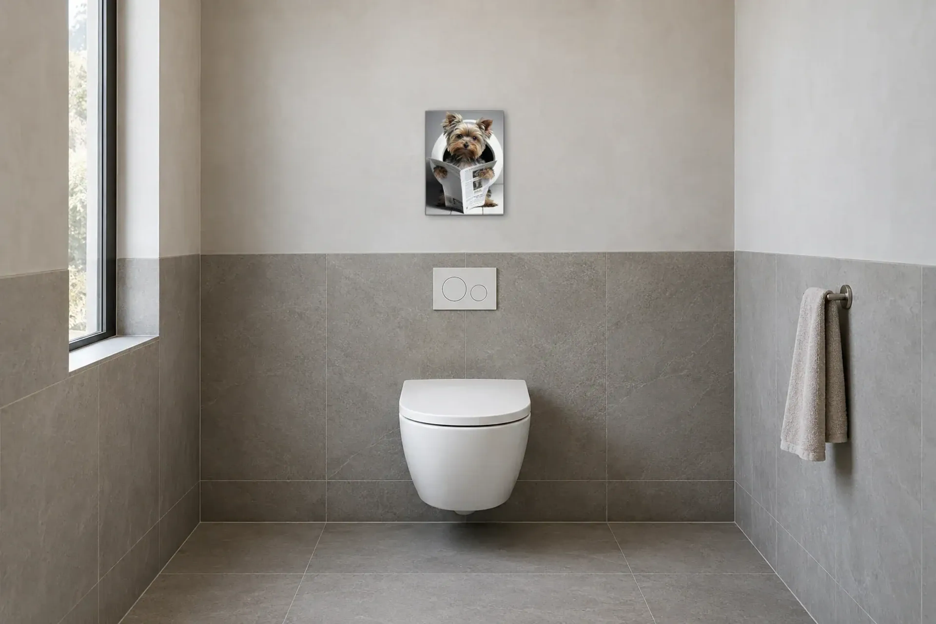 Yorkshire mit Zeitung als Wandbild im Gäste-WC