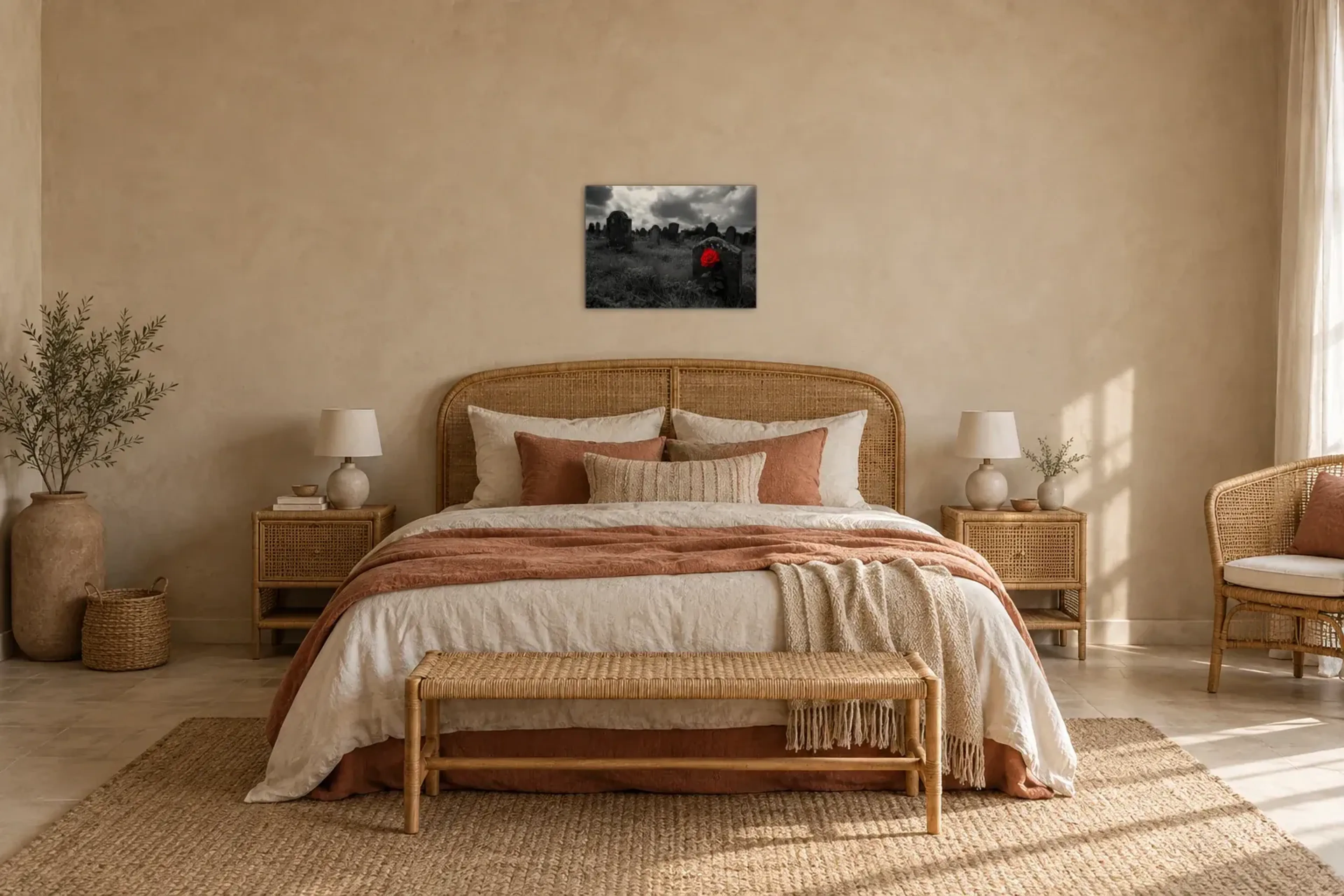 Rose am Grabstein als Wandbild über einem 180-cm-Bett
