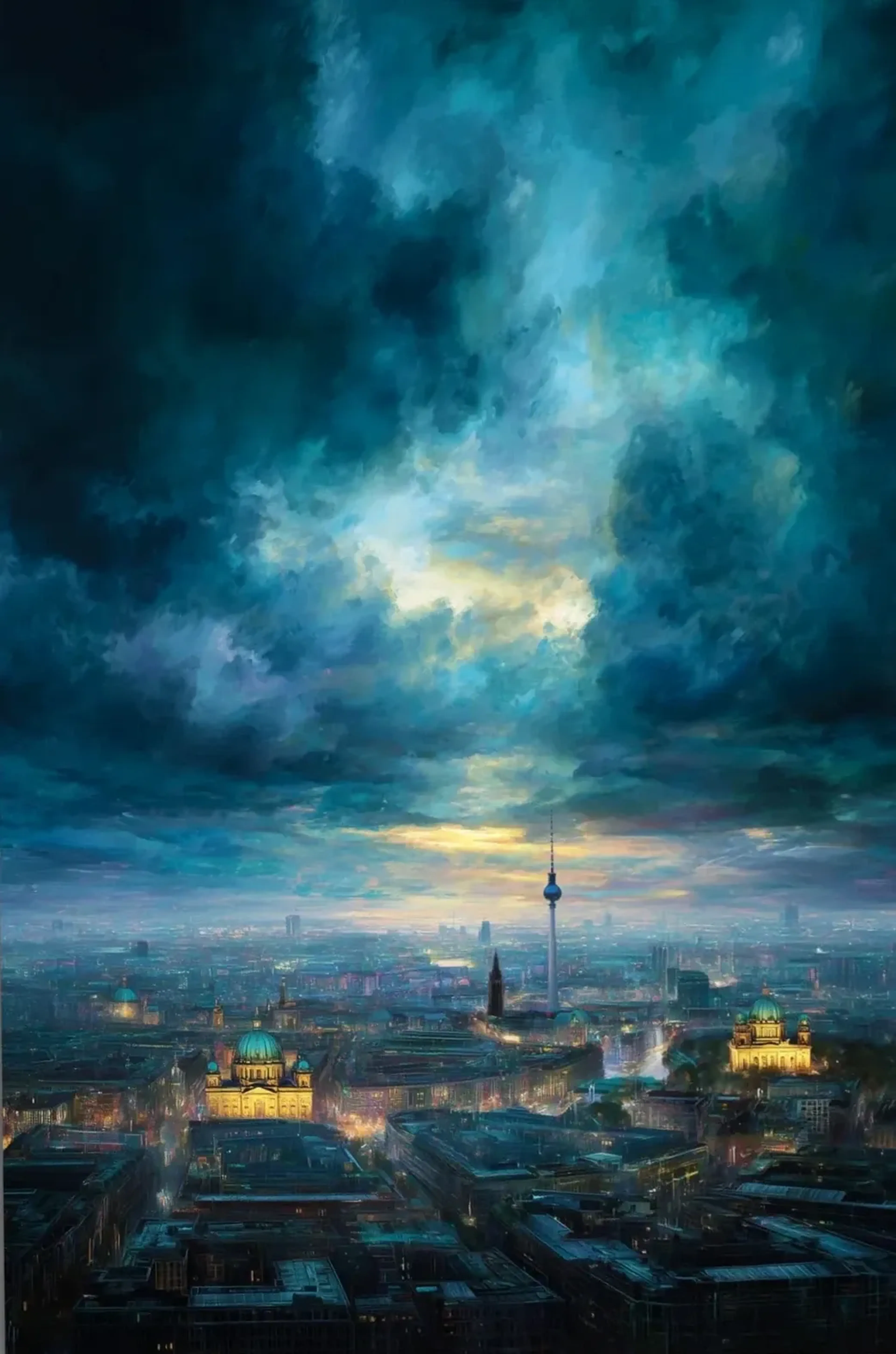 Über Berlins Dächern, Kuppeln und Fernsehturm öffnet sich eine helle Stelle in mächtigen petrolblauen Wolken.
