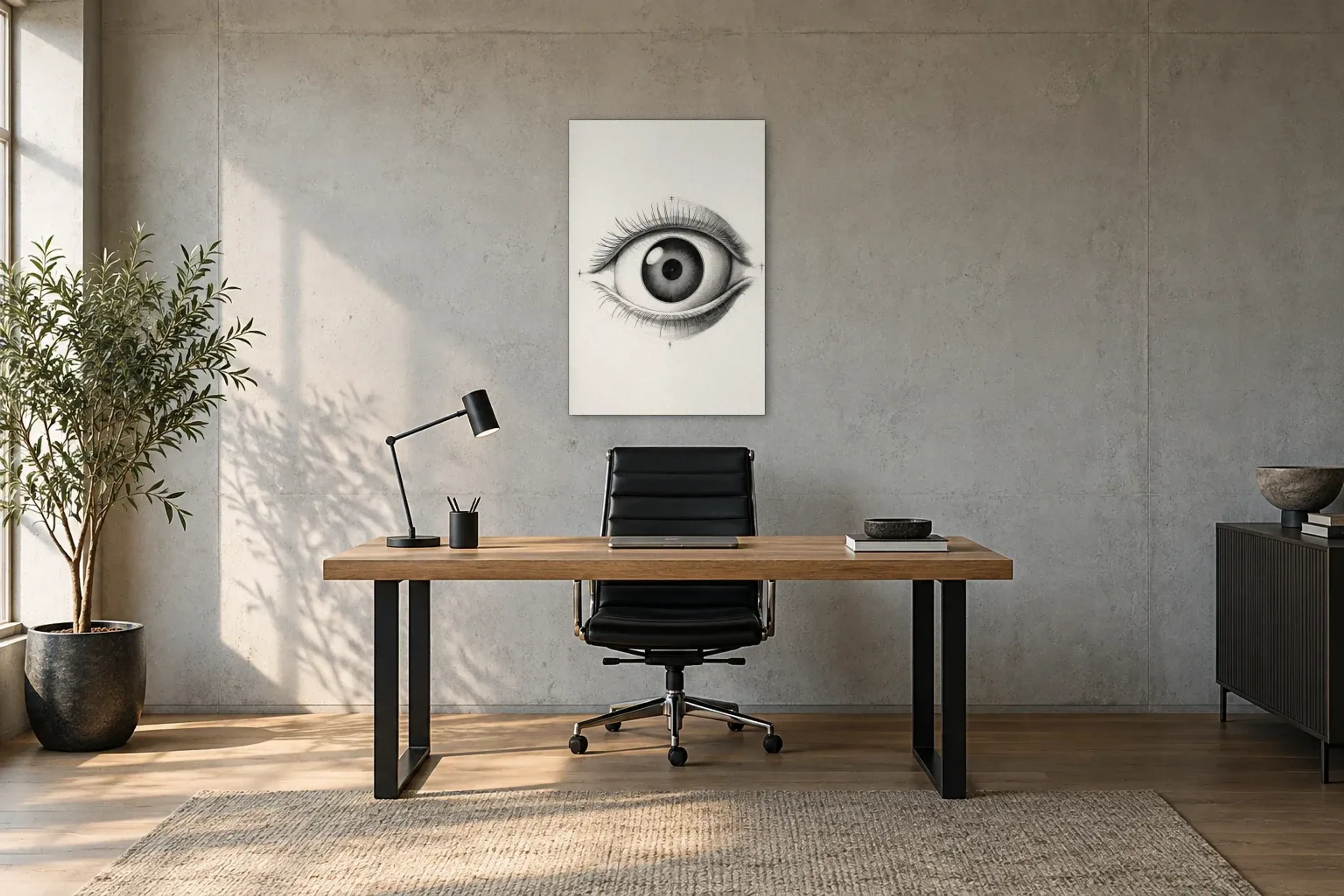 Auge schwarz weiß als Wandbild über einem 160-cm-Schreibtisch