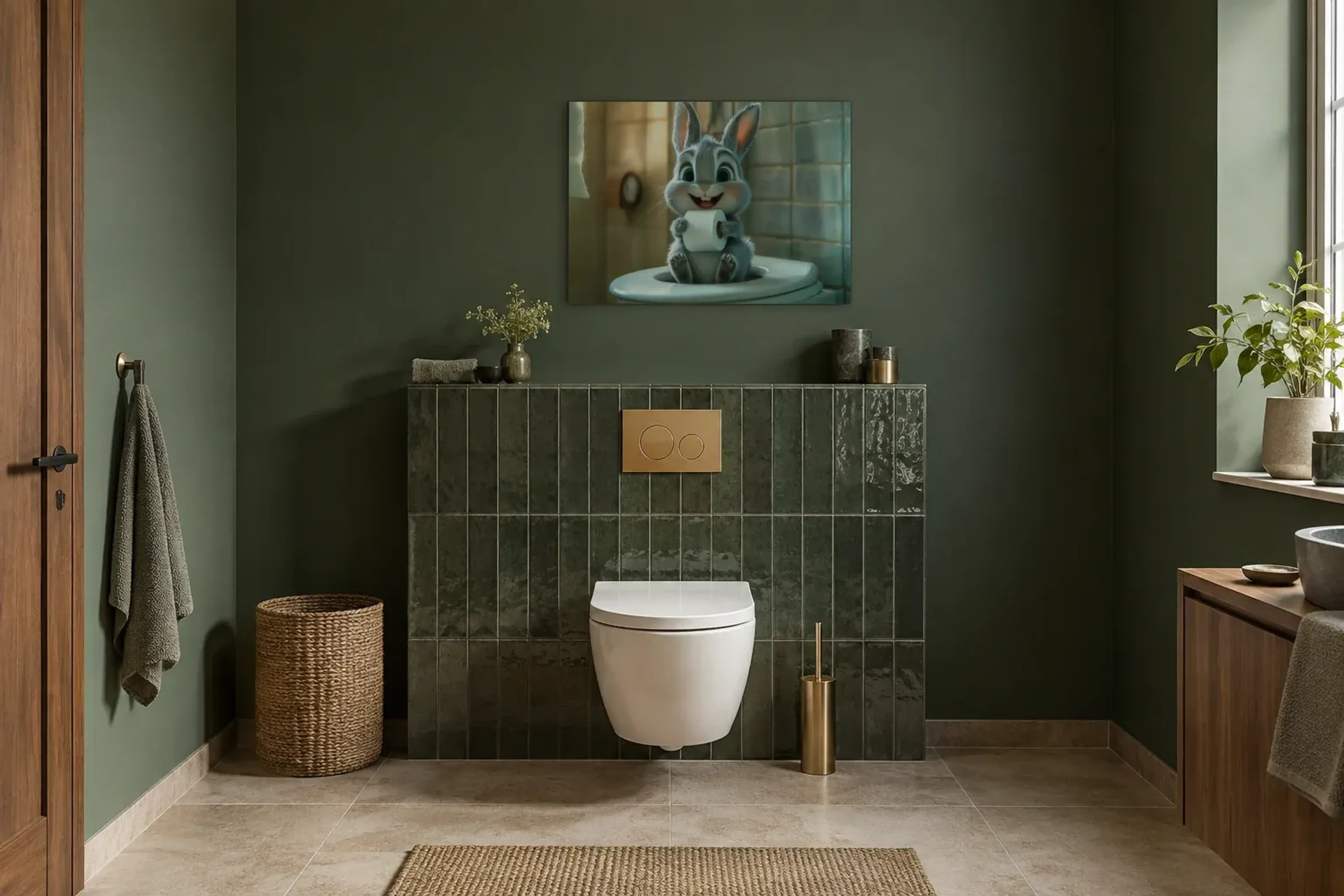 Hase vor blauen Fliesen als Wandbild im Gäste-WC