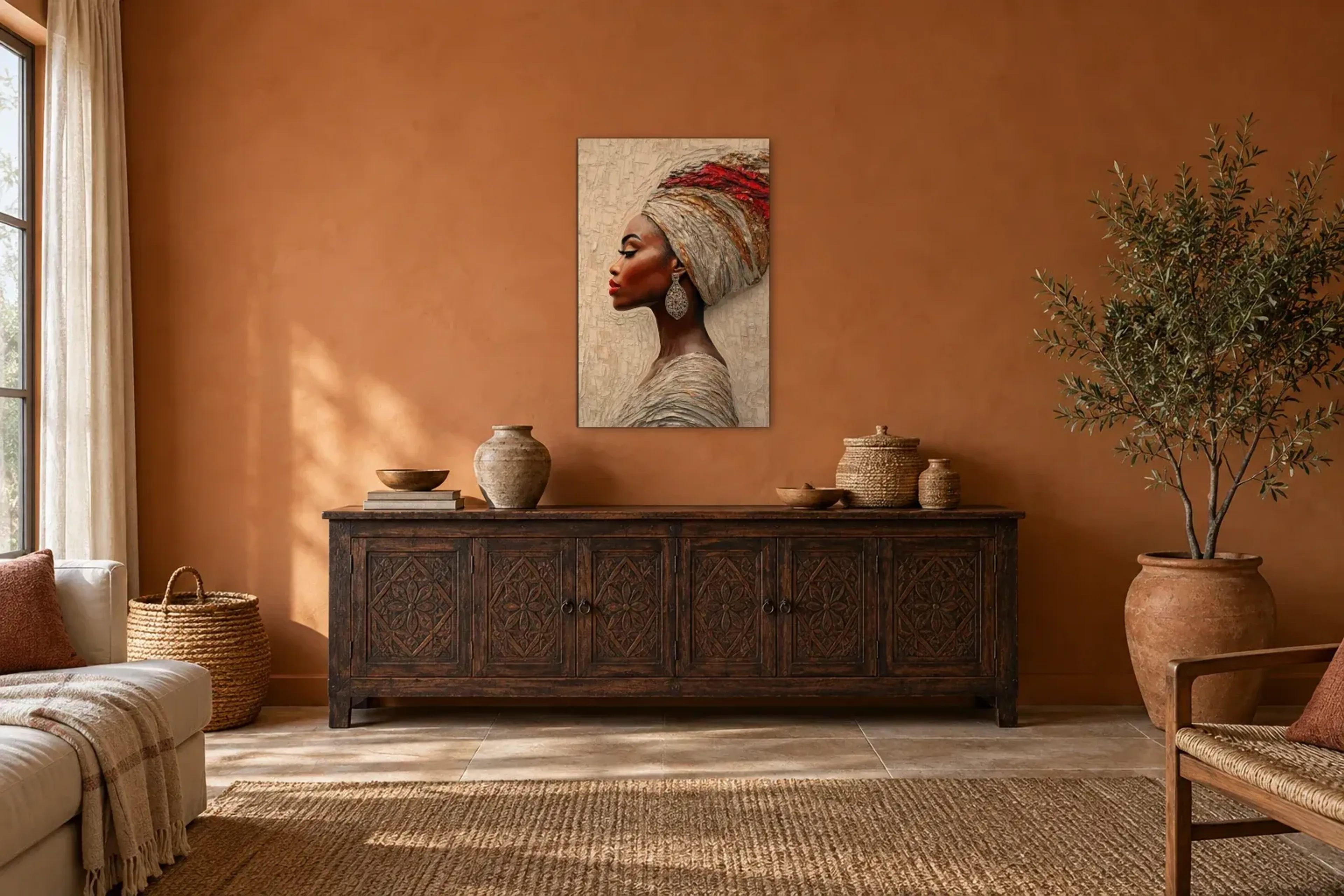 Porträt mit hellem Kopftuch als Wandbild über einem 180-cm-Sideboard