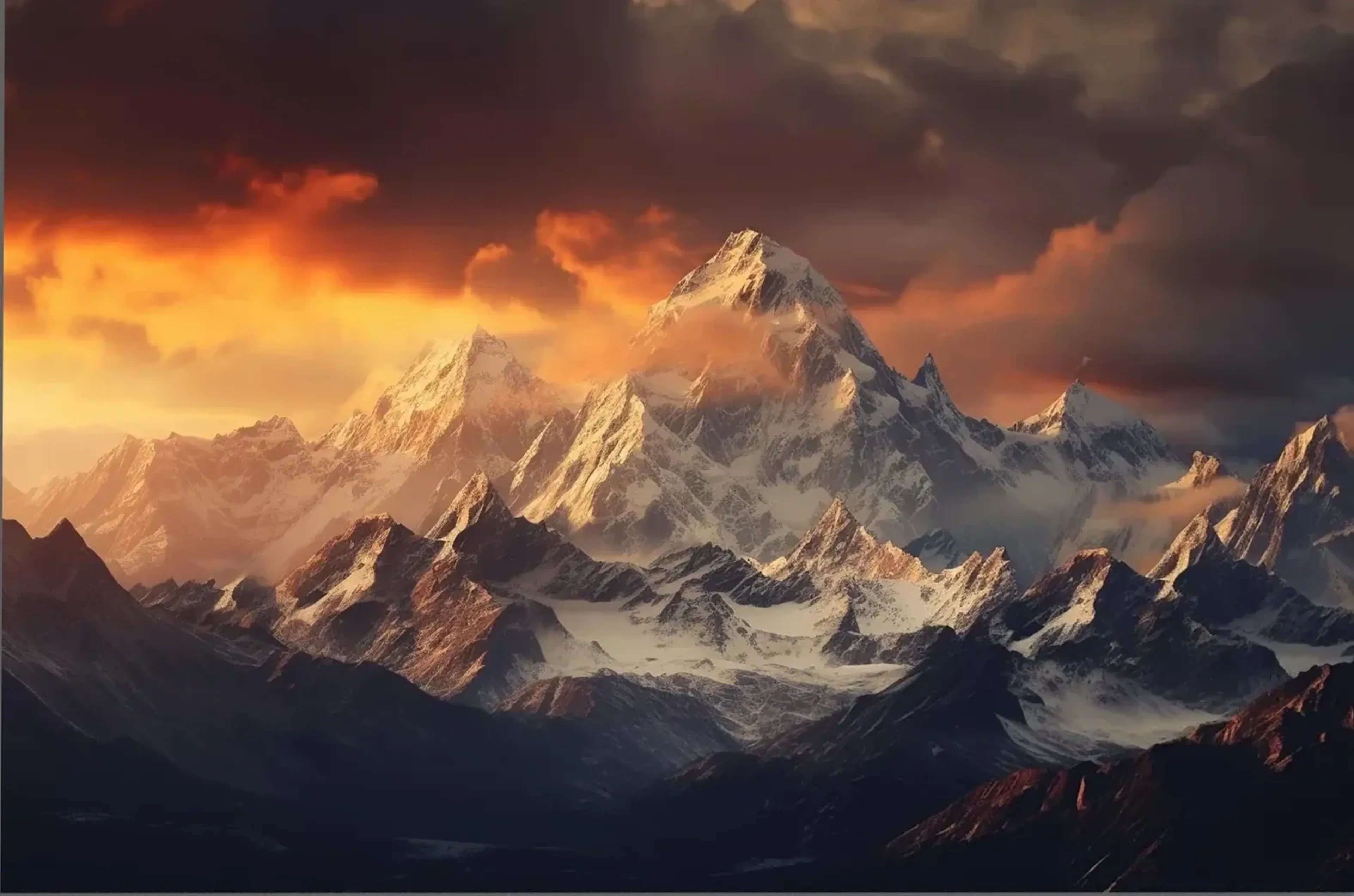 Schneebedeckte Berggipfel ragen unter dunklen Wolken auf und werden von links in goldoranges Licht getaucht.