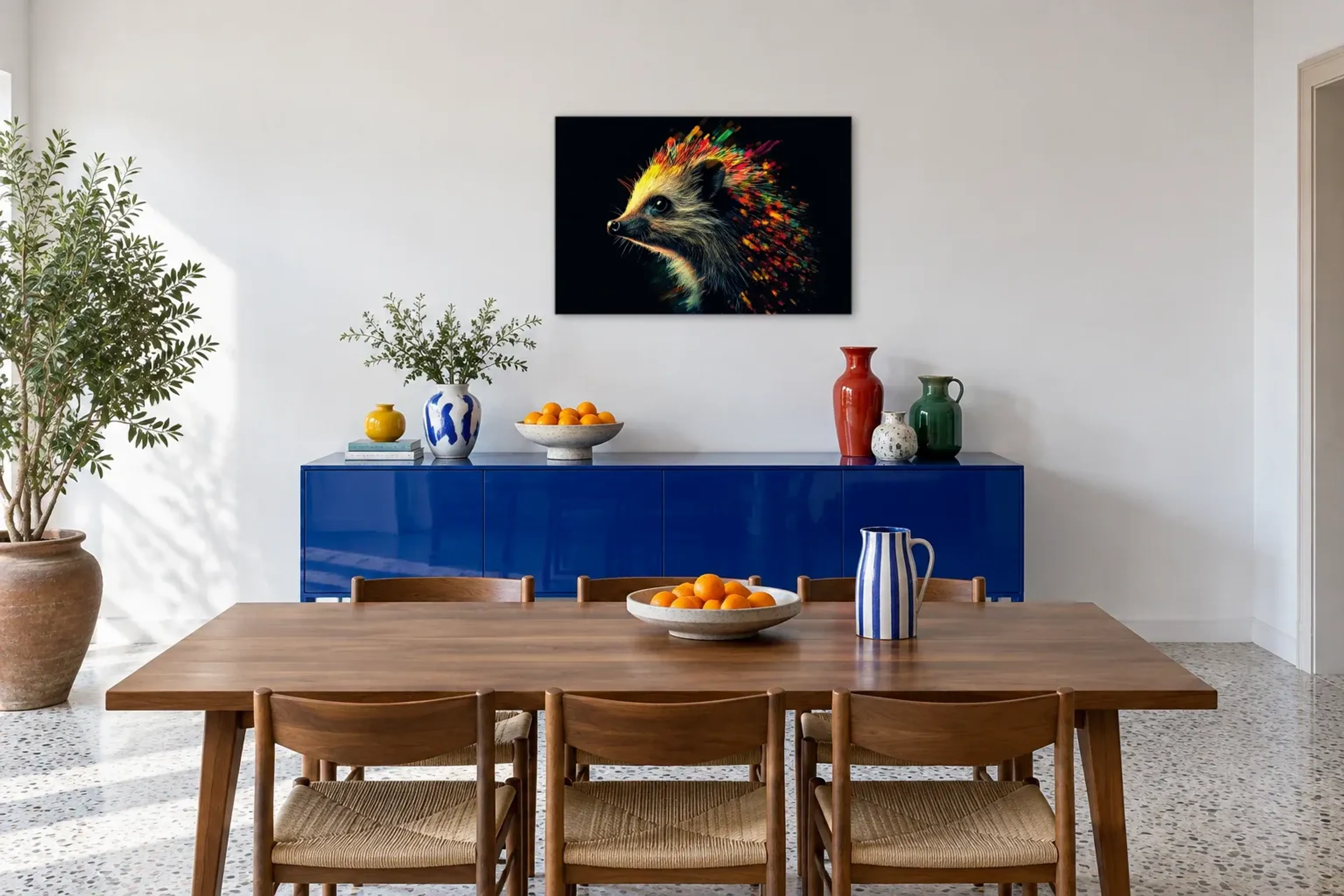 Igel im Farblicht als Wandbild über einem 180-cm-Sideboard