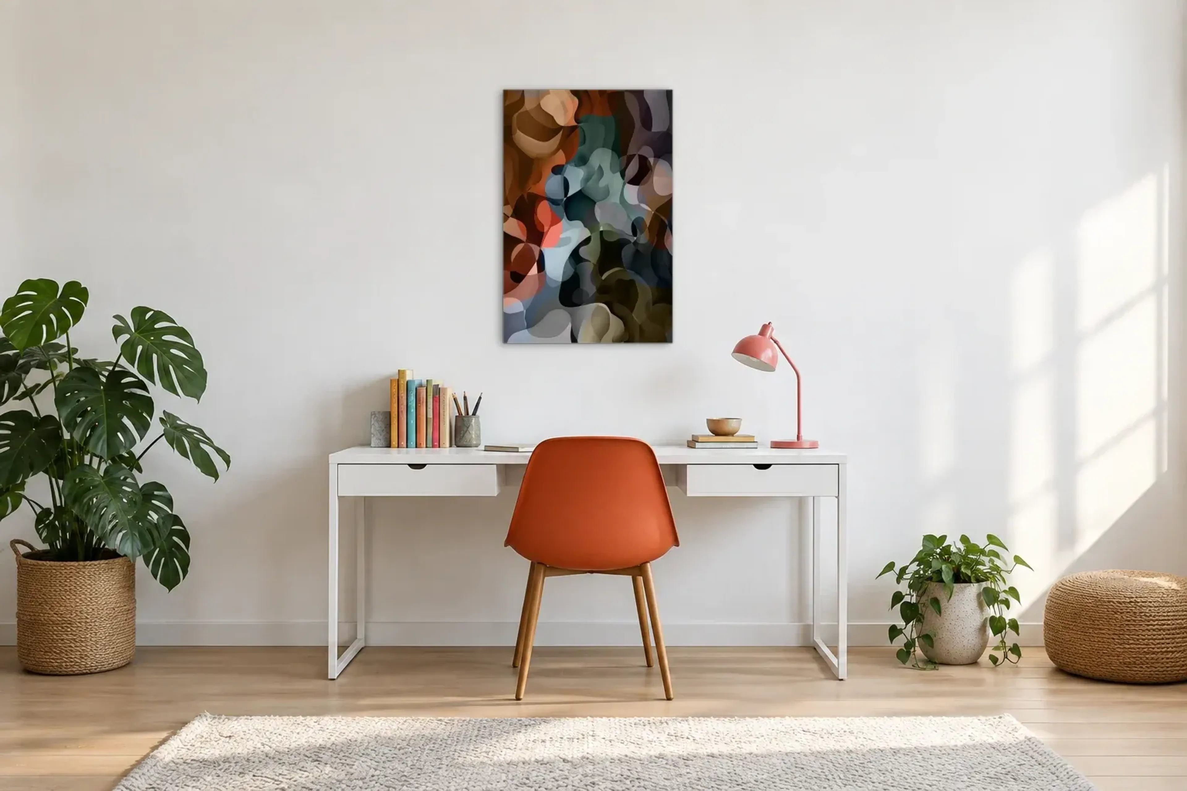 Fließende Farbformen als Wandbild über einem 140-cm-Schreibtisch