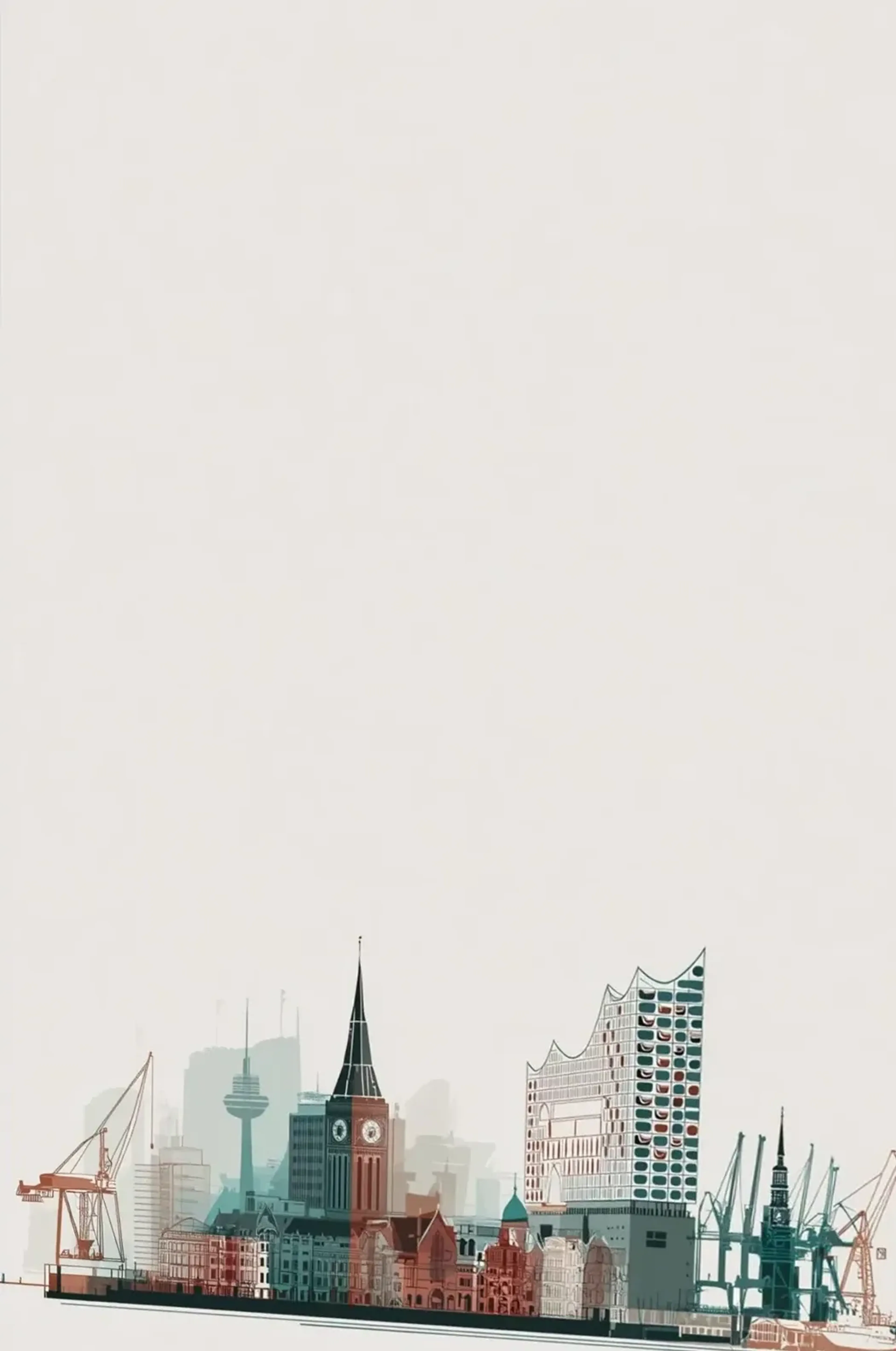 Hamburger Stadtansicht mit Kränen, Türmen und Elbphilharmonie in Türkis und Rostrot auf hellem Grund.