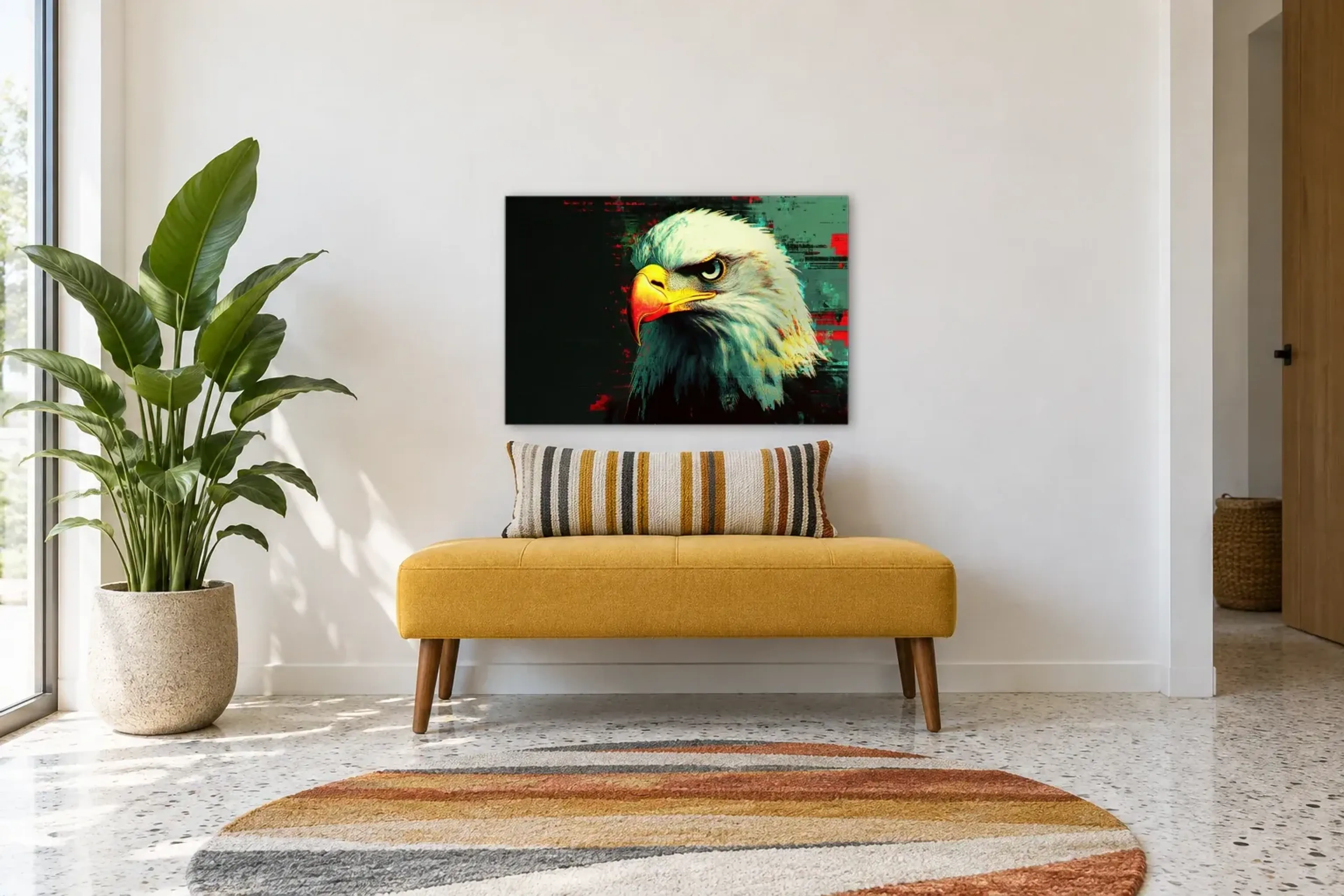 Adler in Türkis als Wandbild über einer 120-cm-Bank