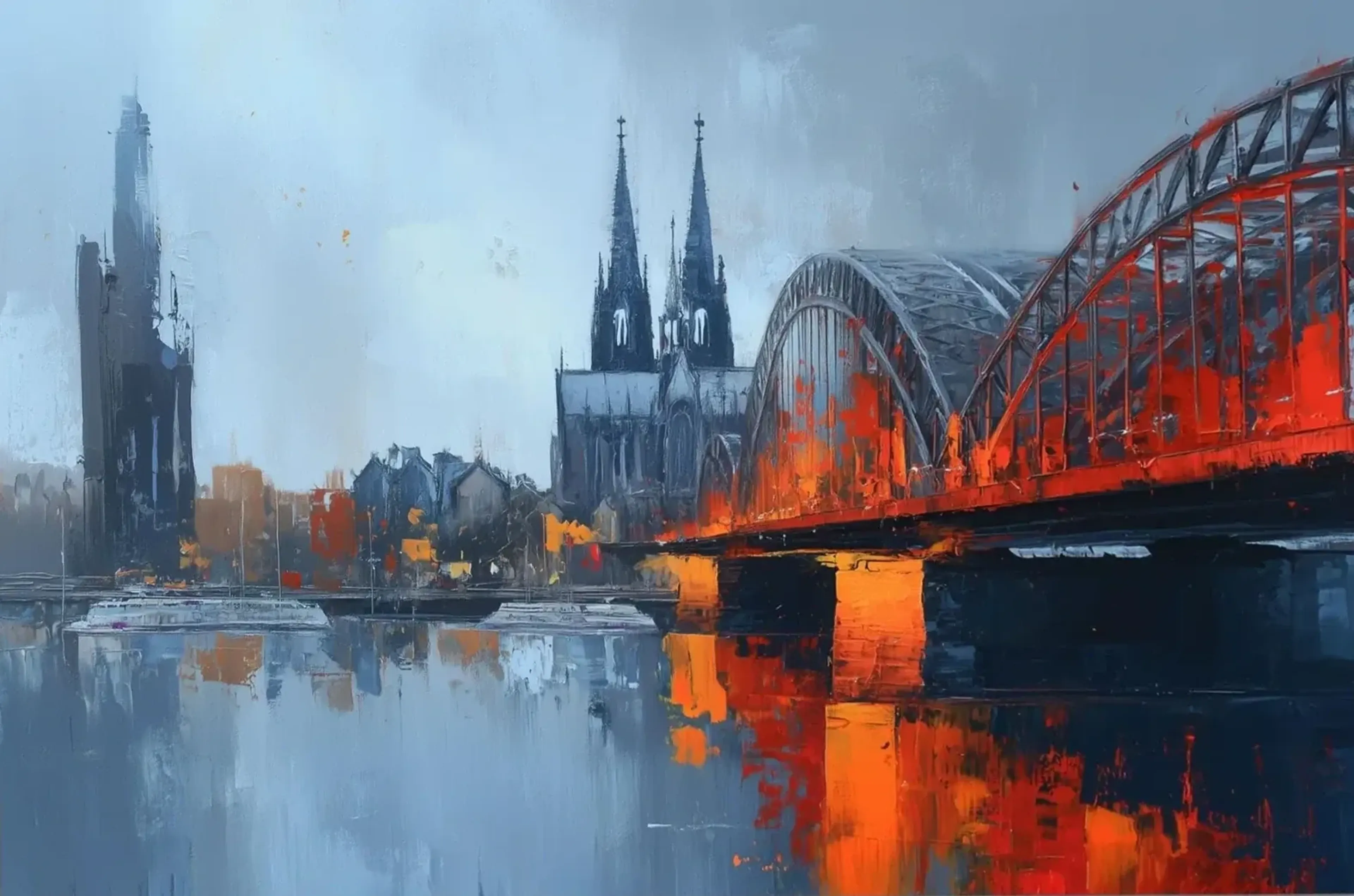 Rotorange Bogenbrücke und Kölner Dom in einer blaugrauen Stadtansicht mit Spiegelungen im Wasser.