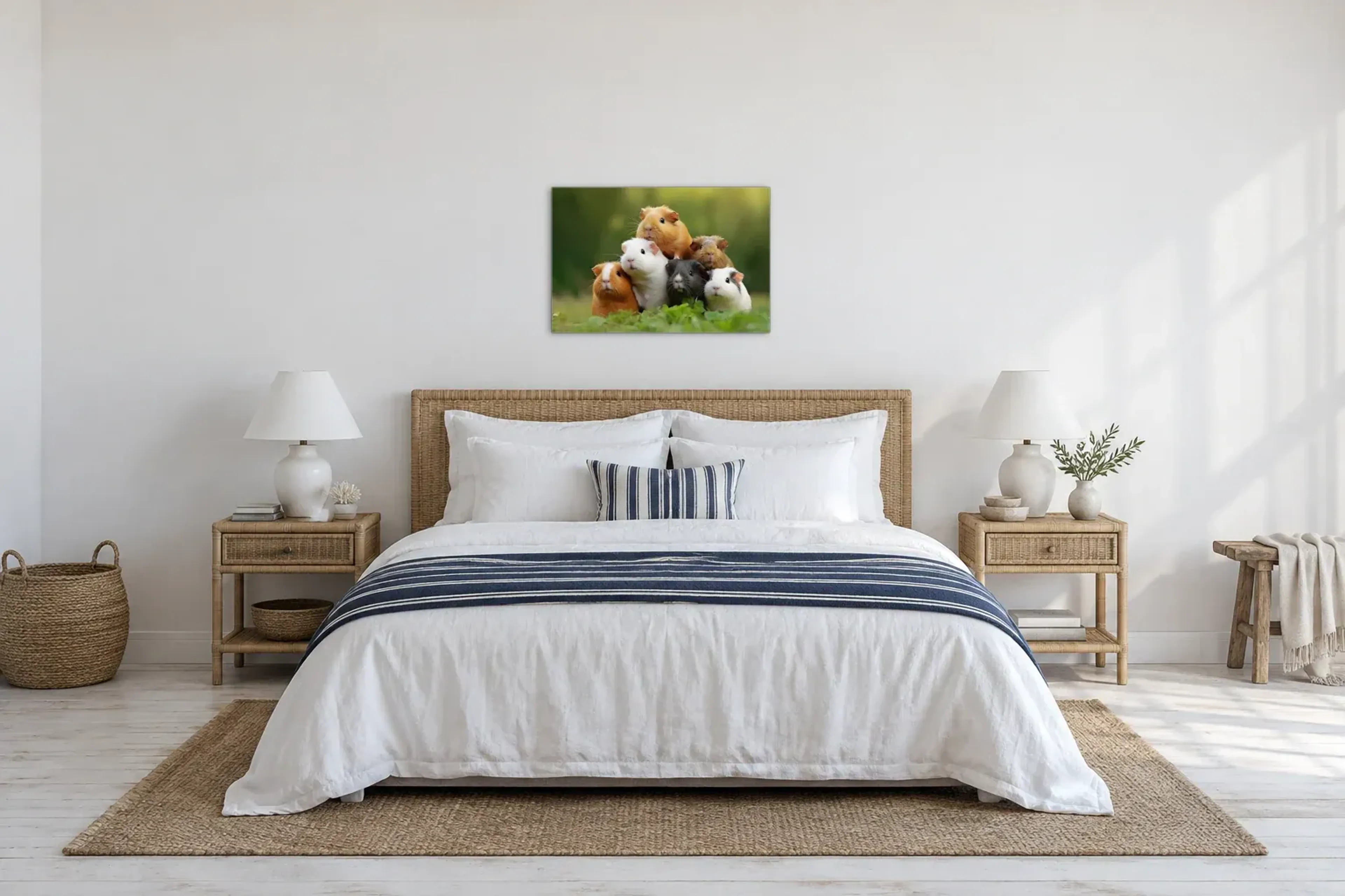 Meerschweinchen Gruppe als Wandbild über einem 180-cm-Bett