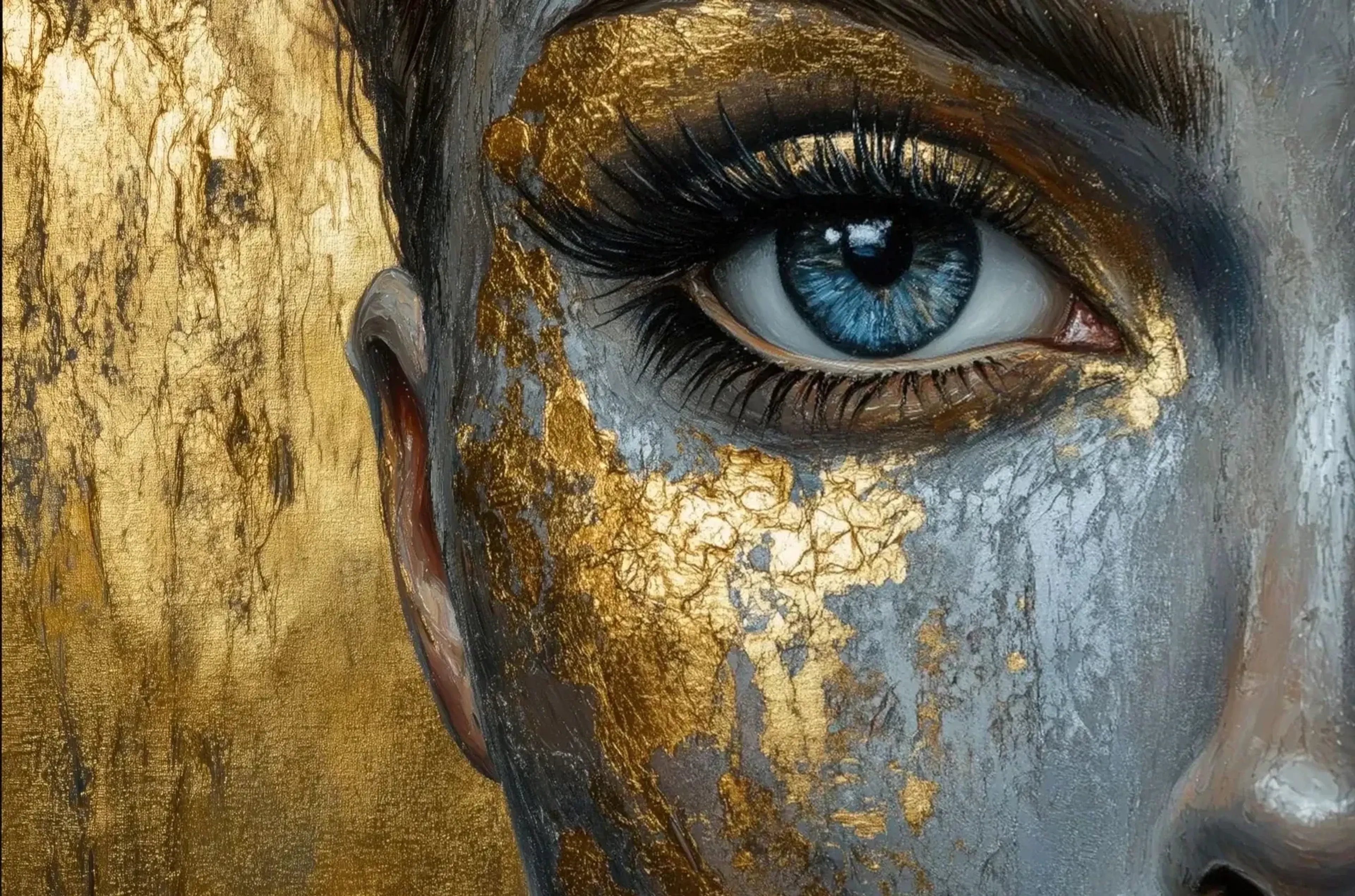 Blaues Auge in Gold – Motiv als Wandbild auf Holz