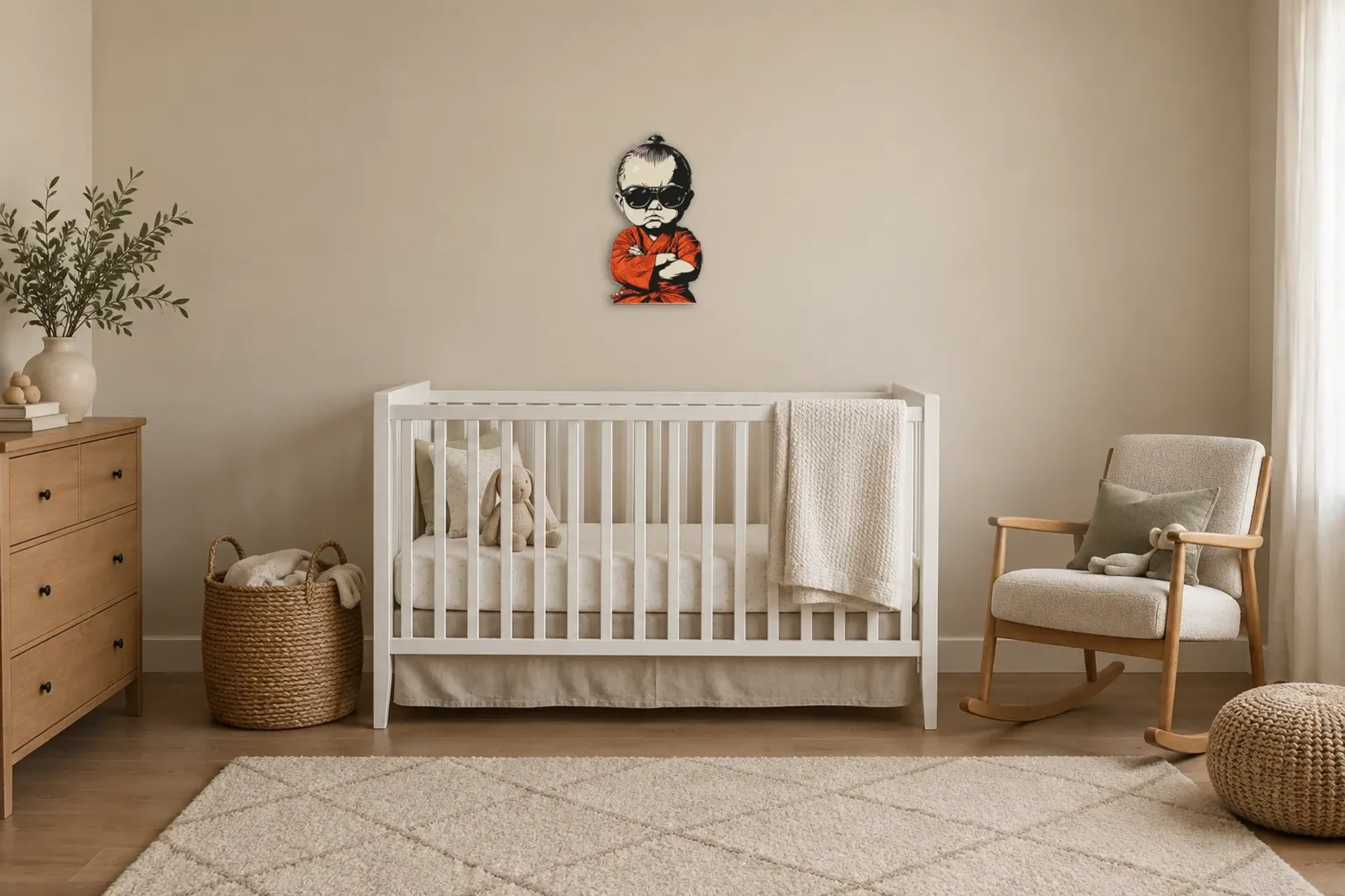 Junge mit Sonnenbrille als Wandbild über einem 130-cm-Babybett