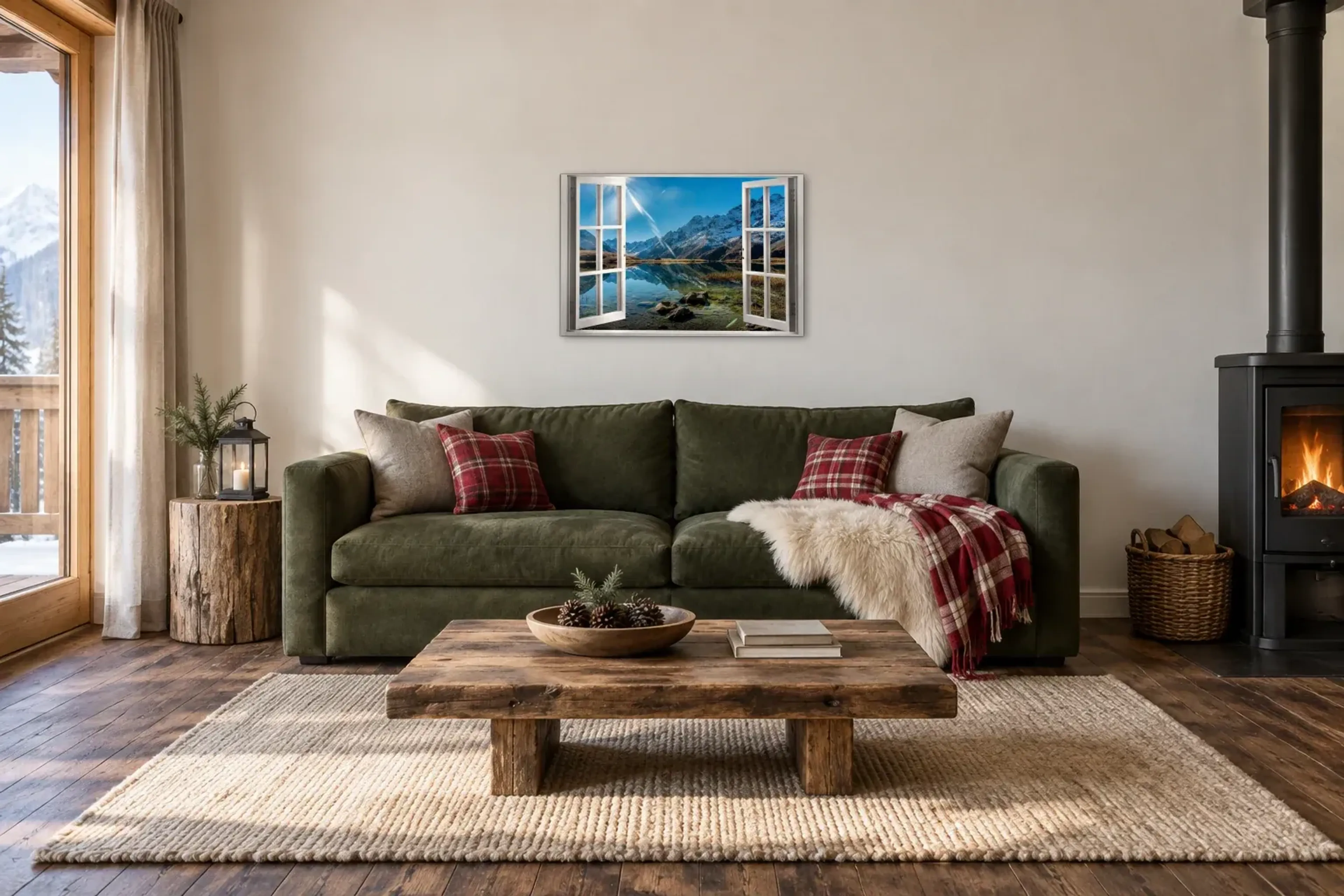 Bergsee im Sonnenlicht als Wandbild über einem 220-cm-Sofa