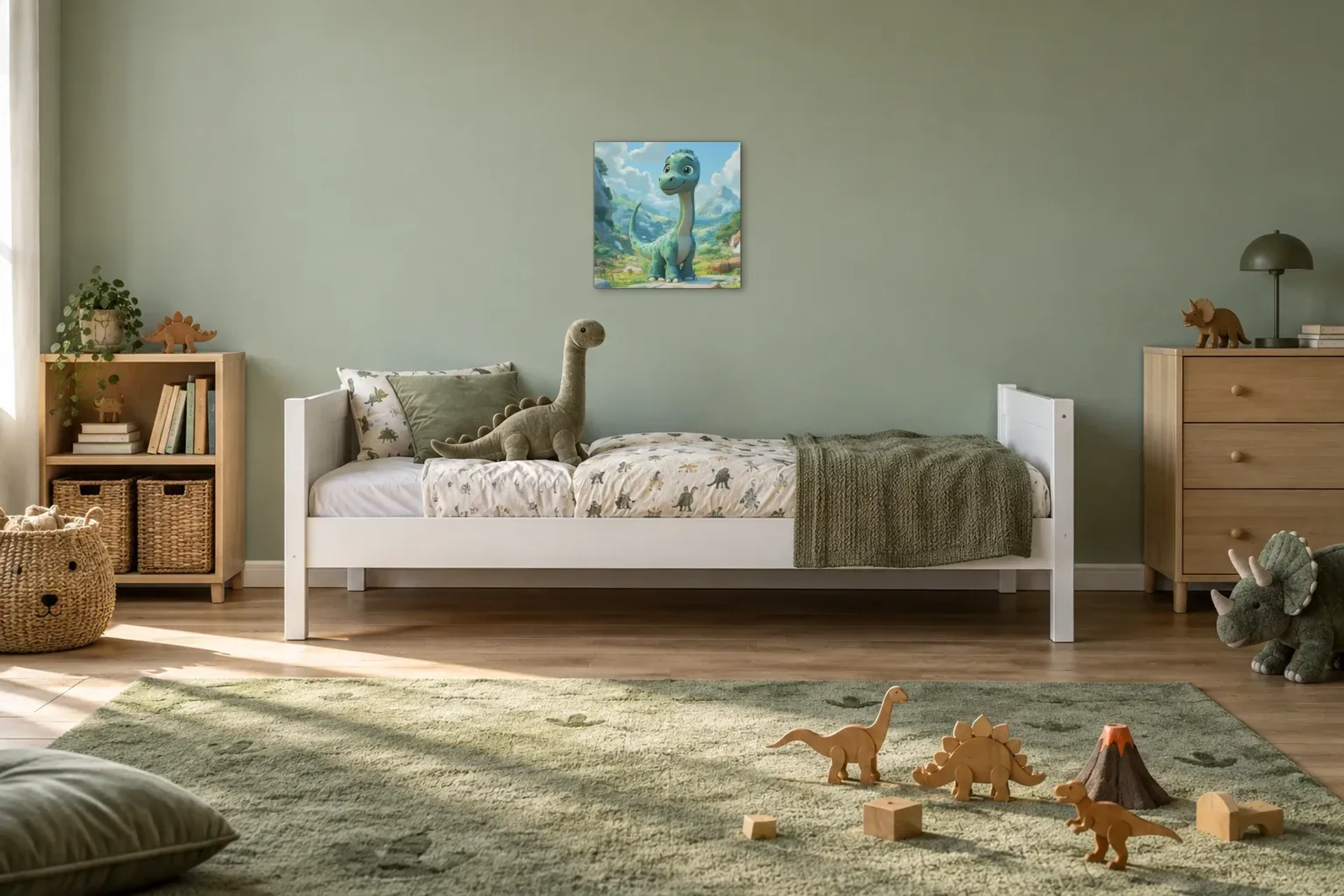 Langhals im grünen Tal als Wandbild über einem 200-cm-Kinderbett