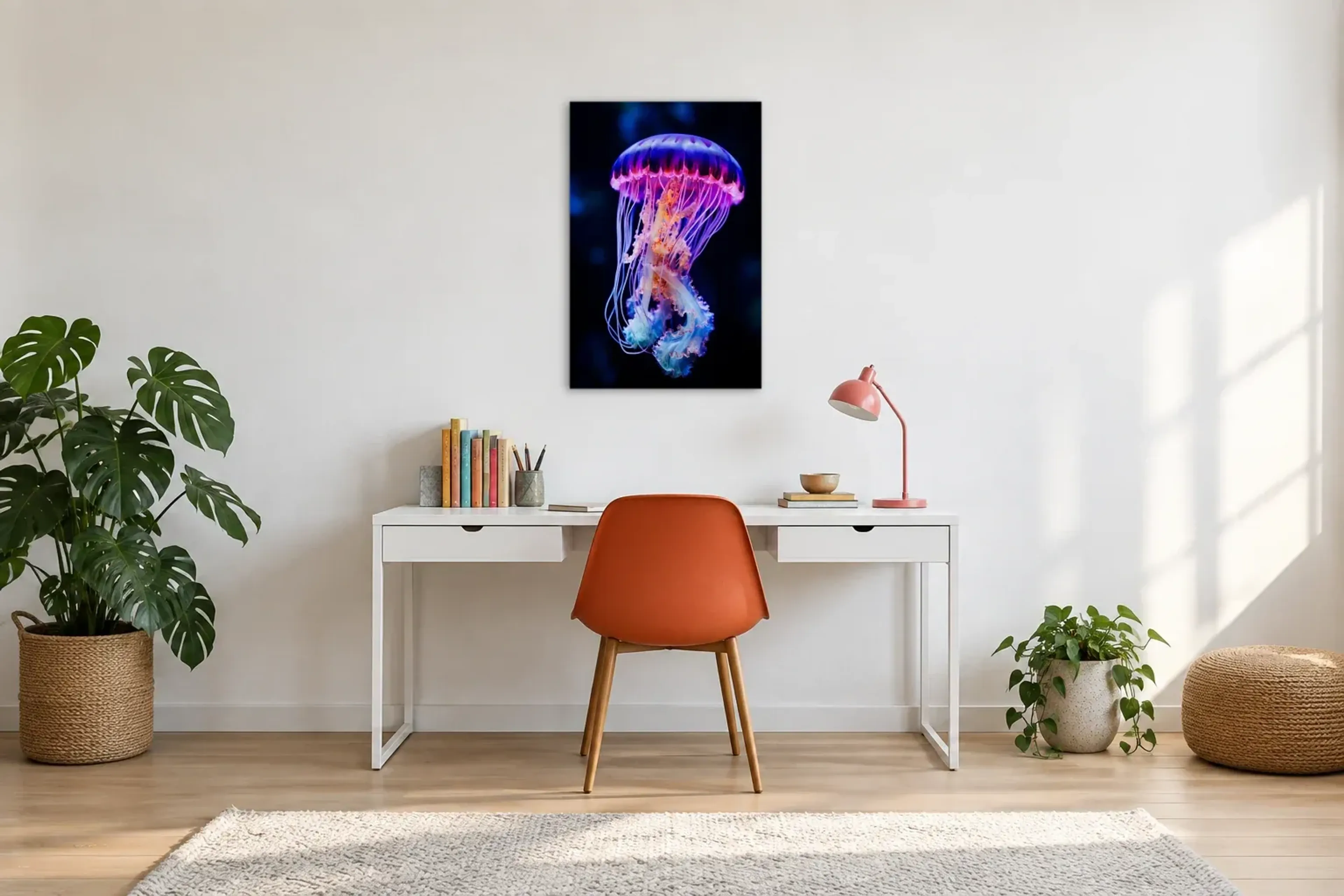 Qualle in leuchtenden Farben als Wandbild über einem 140-cm-Schreibtisch