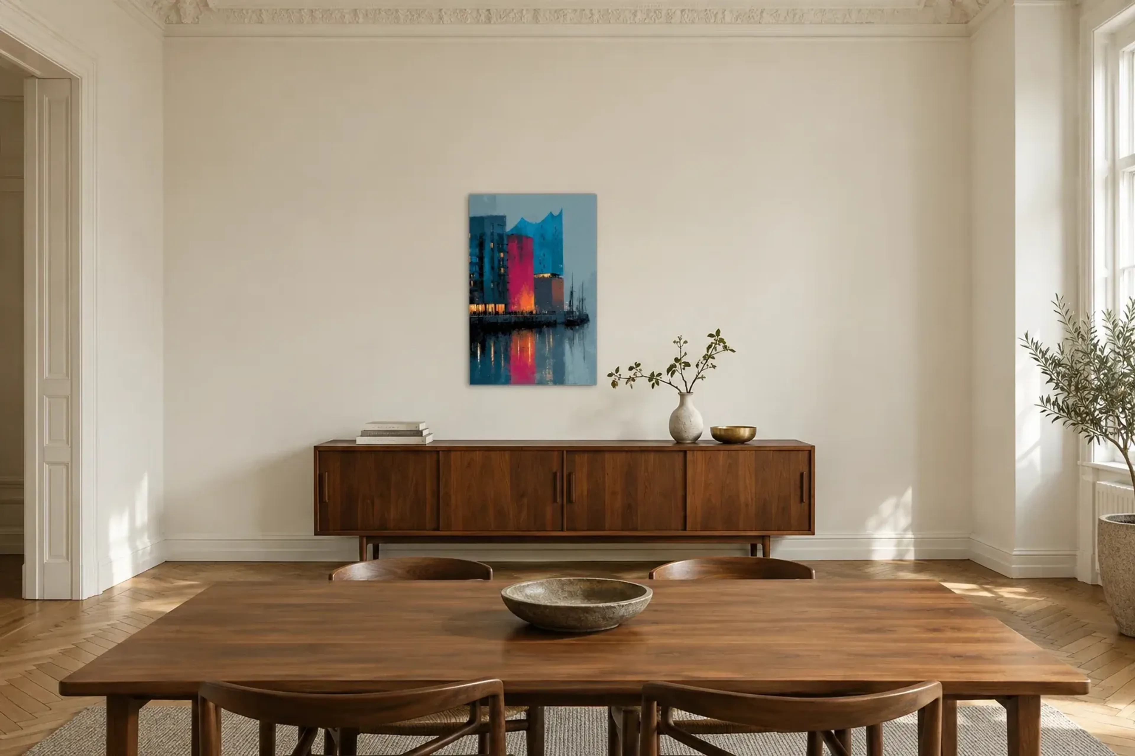 Elbphilharmonie in Pink und Blau als Wandbild über einem 200-cm-Sideboard