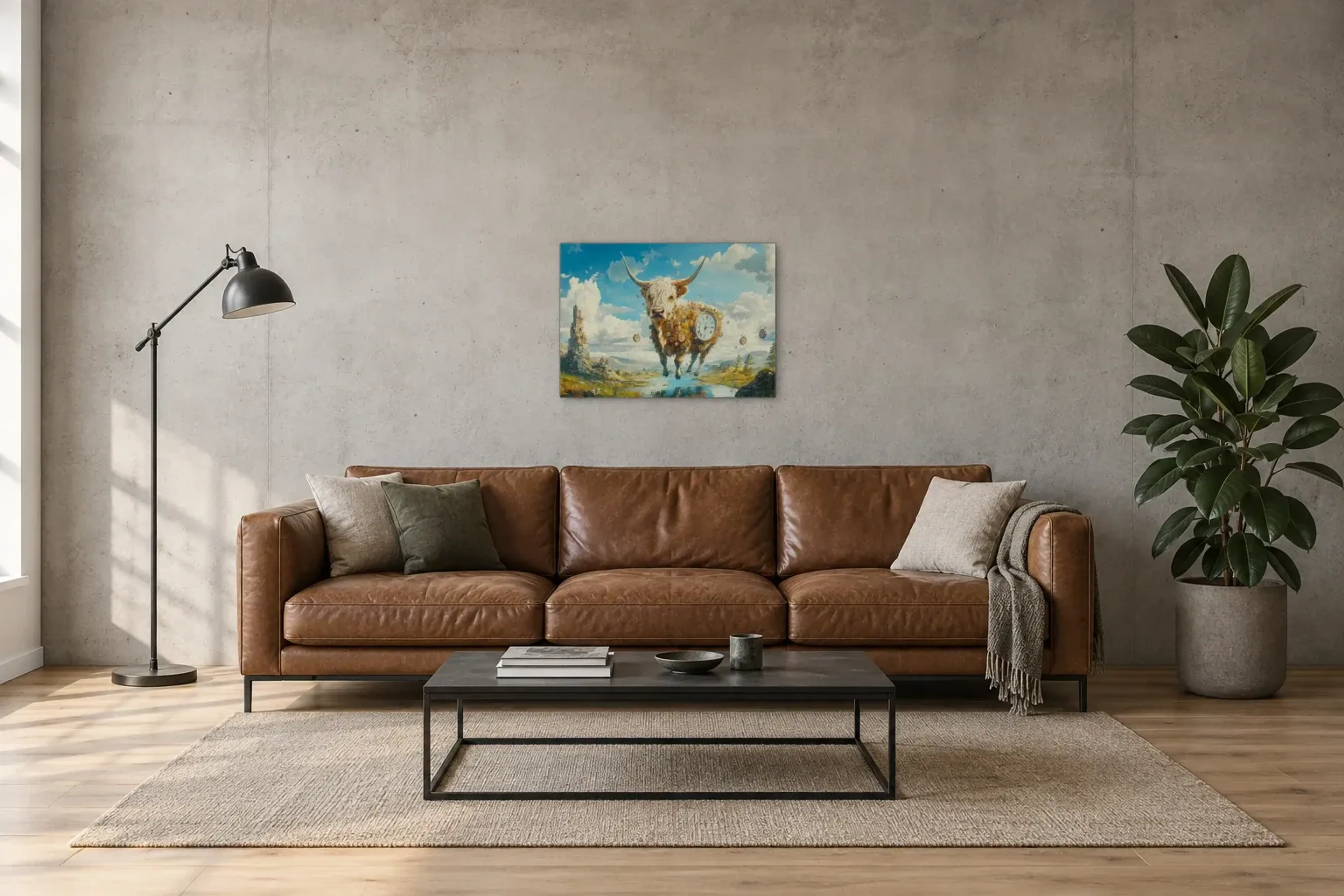 Hochlandrind zwischen Uhren als Wandbild über einem 220-cm-Sofa