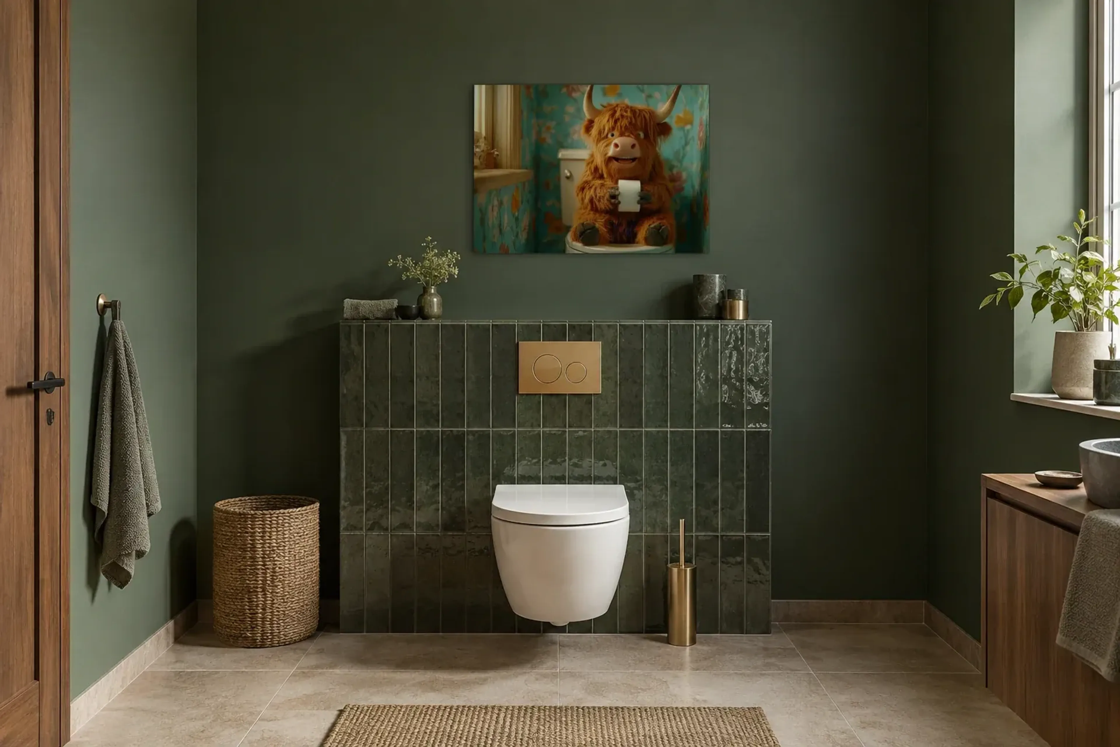 Hochlandrind vor Blumentapete als Wandbild im Gäste-WC