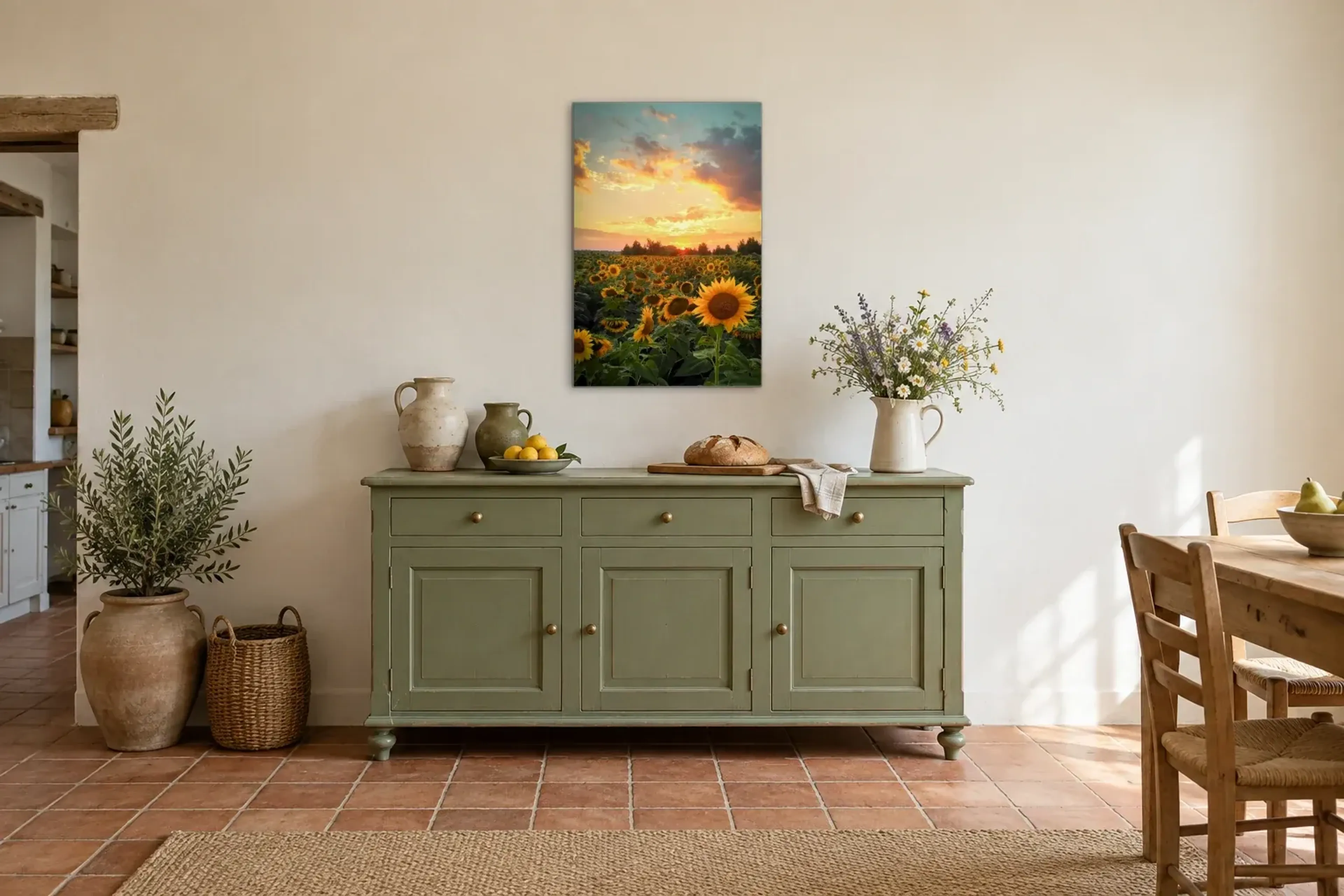 Sonnenblumen im Sonnenuntergang als Wandbild über einer 160-cm-Anrichte