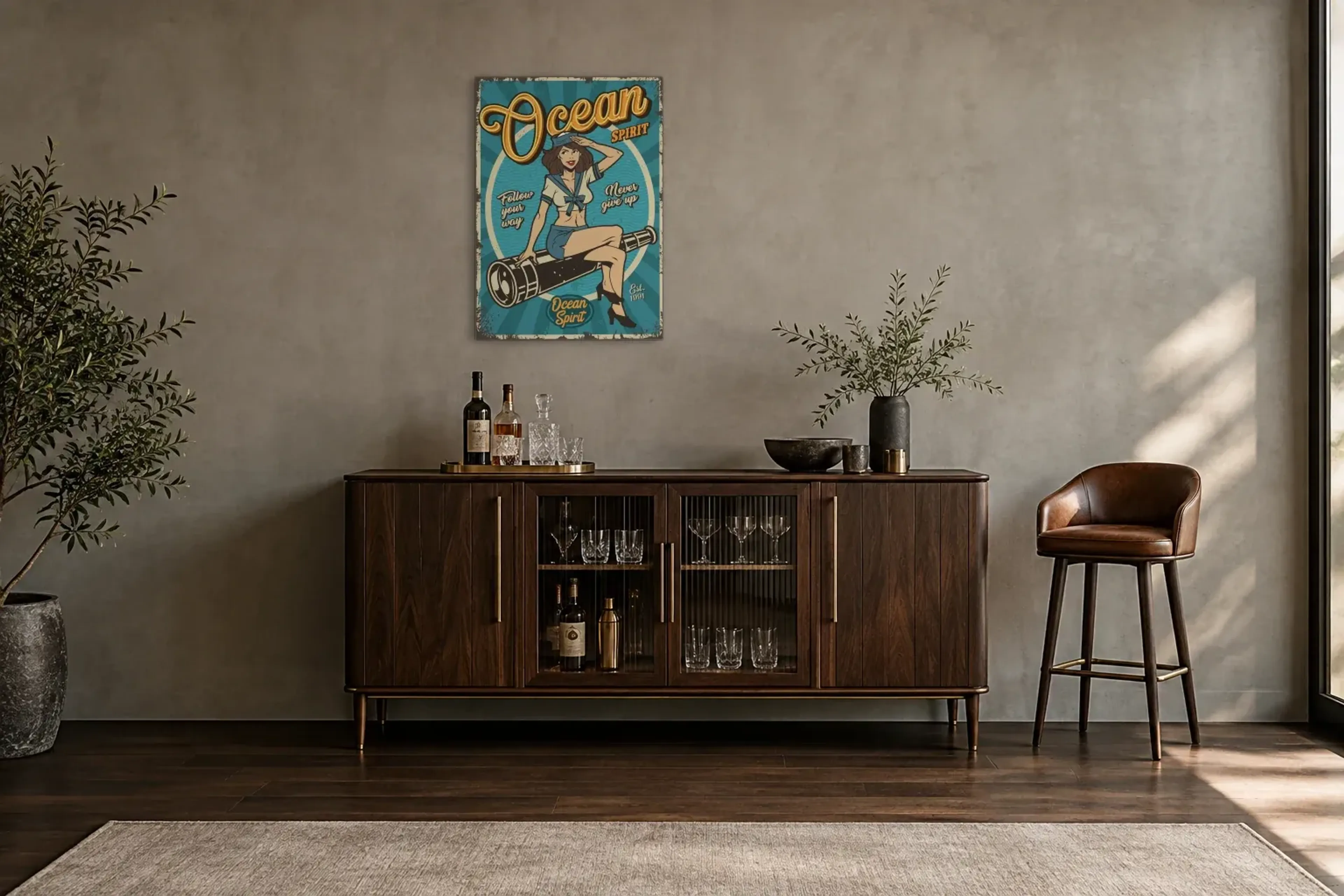 Ocean Spirit als Wandbild über einem 150-cm-Barschrank