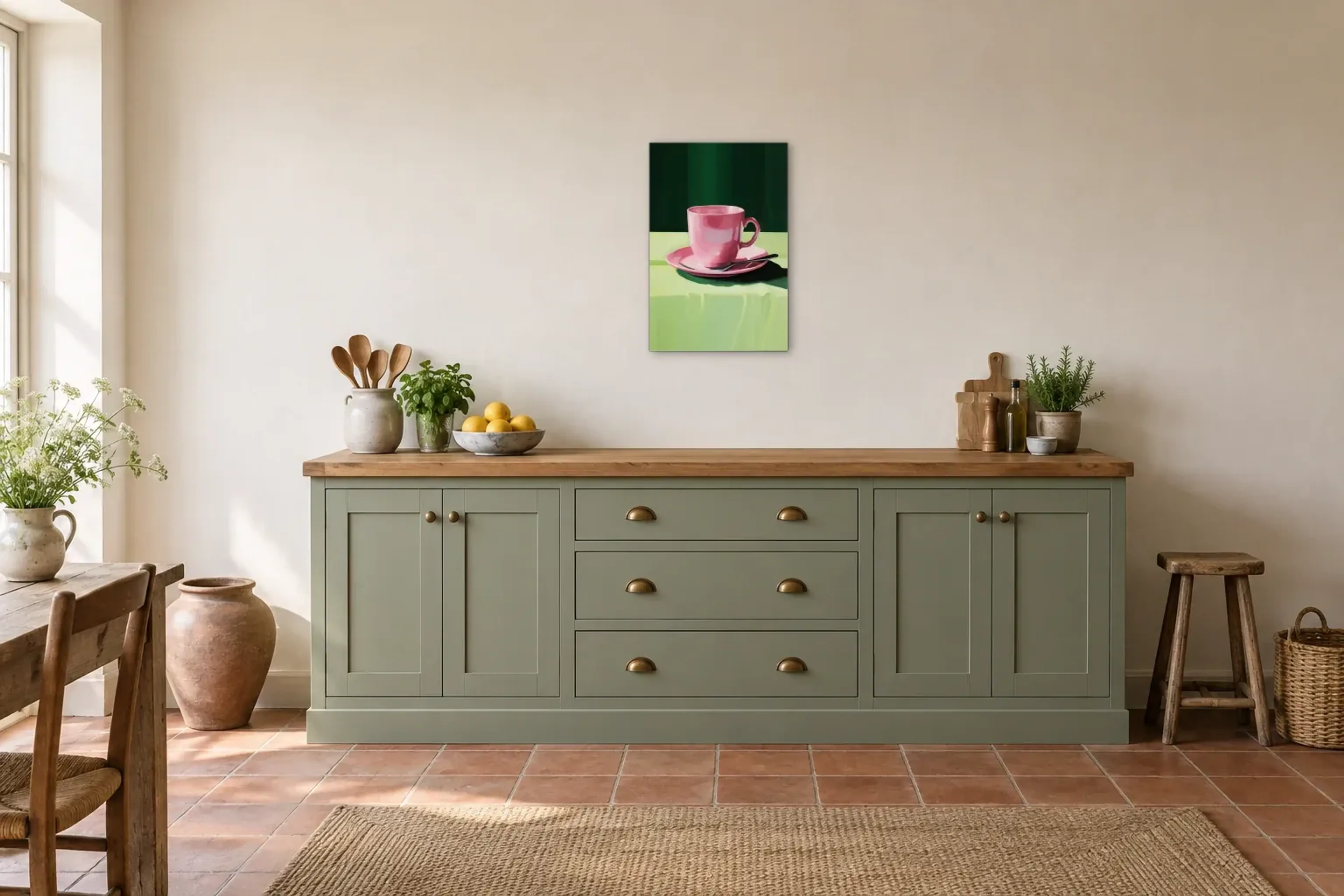 Kaffee-Tasse rosa als Wandbild über einer 200-cm-Arbeitsplatte