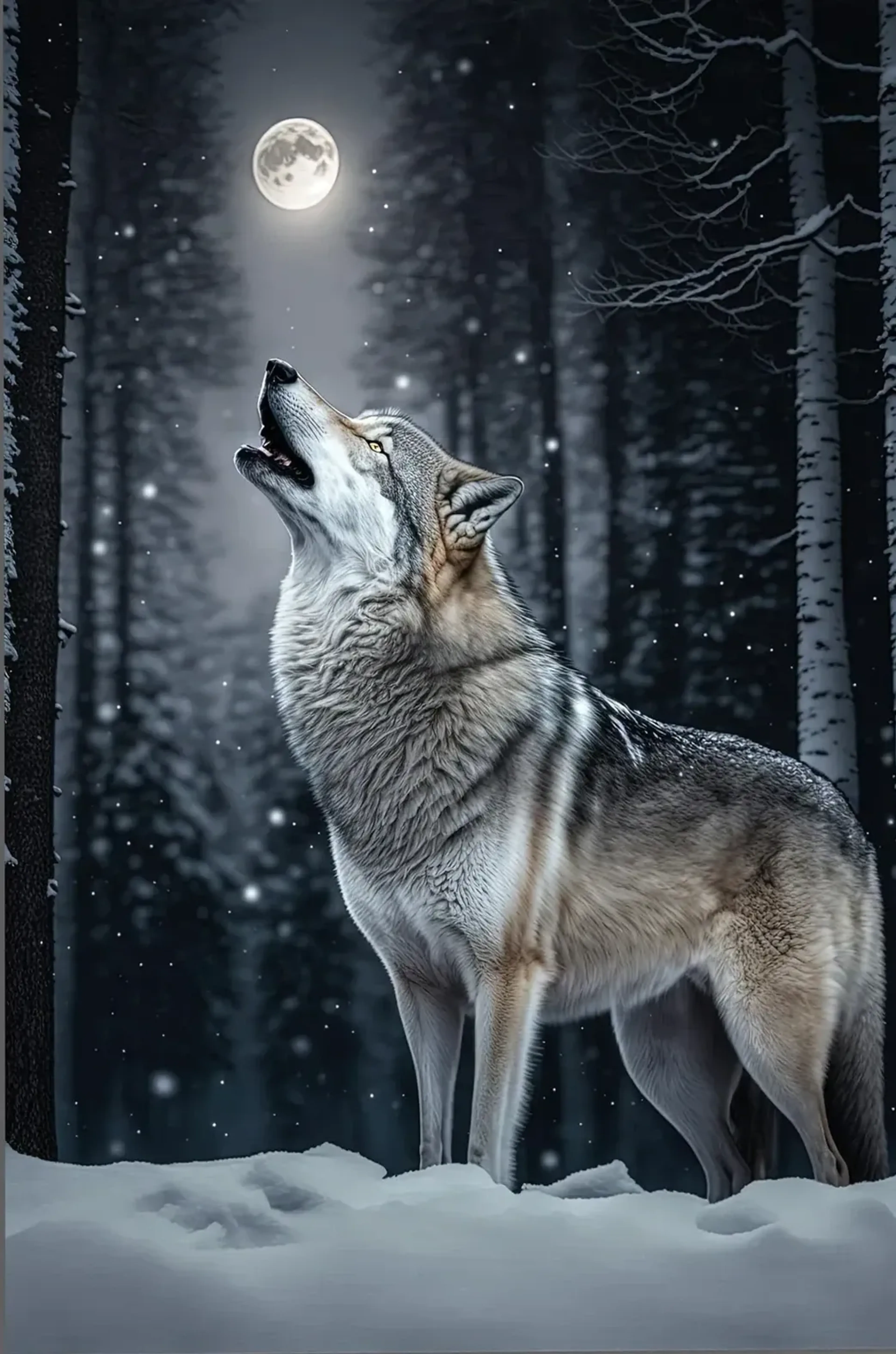 Ein grauer Wolf heult im verschneiten Nadelwald unter einem hellen Mond, während Schneeflocken fallen.