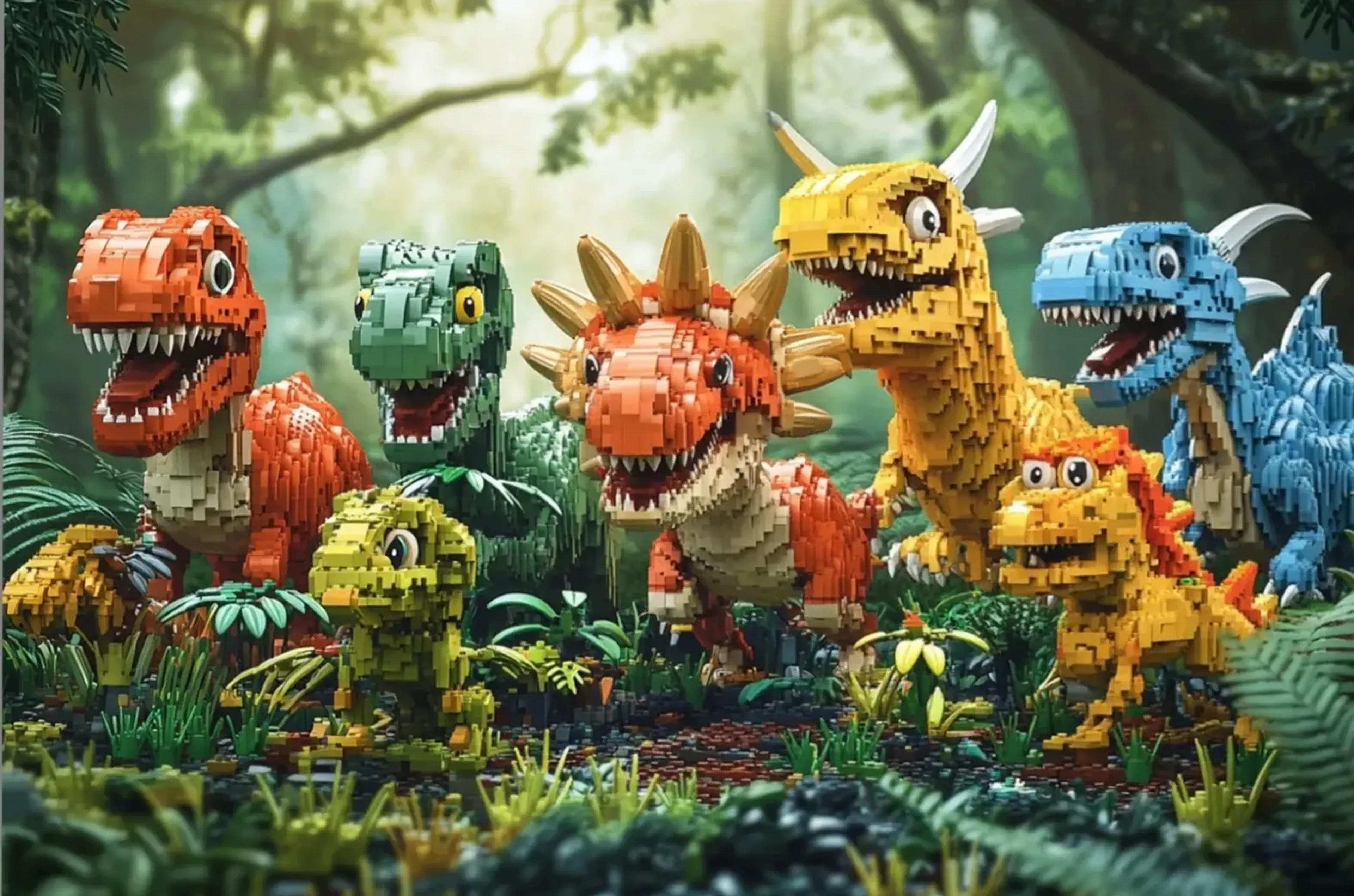 Bunte Dinos in Bausteinoptik stehen mit offenen Mäulern zwischen Pflanzen in einem grünen Dschungel.