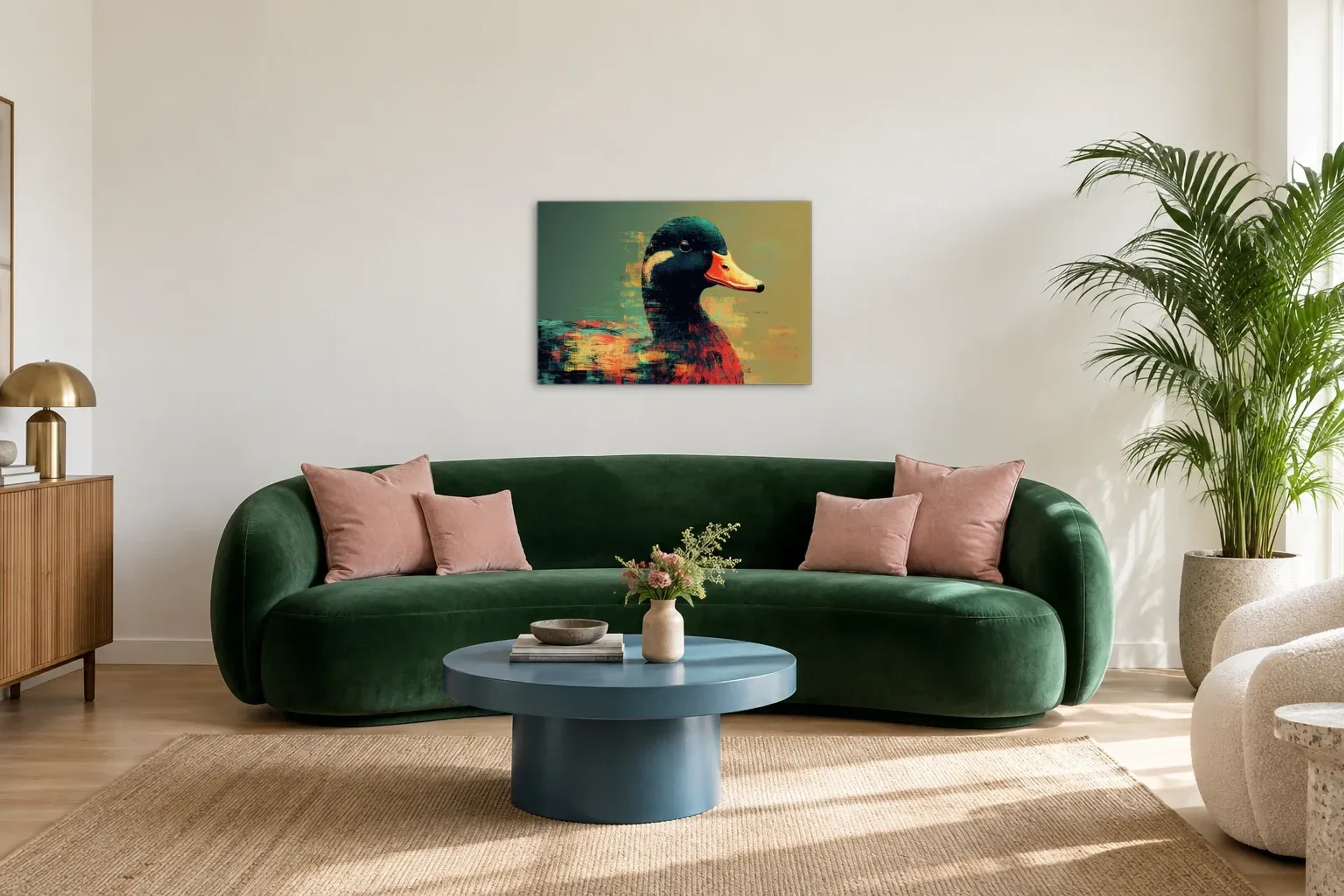 Ente im Farbporträt als Wandbild über einem 220-cm-Sofa