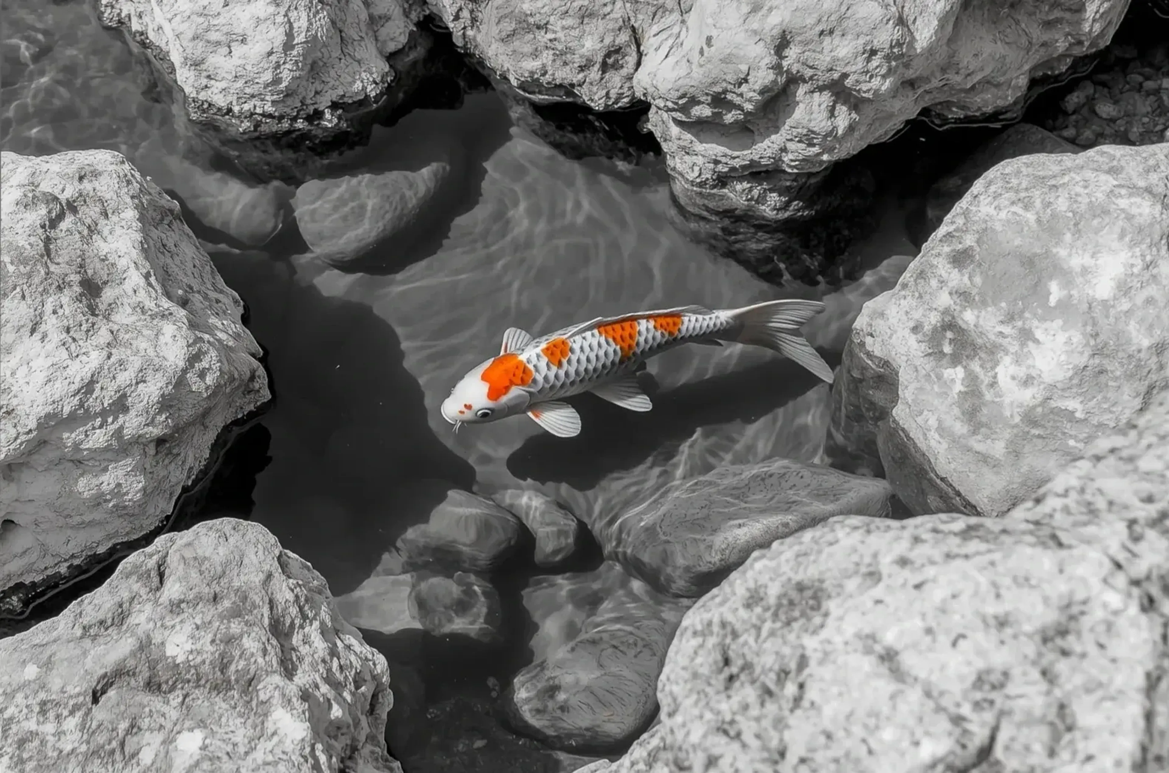 Koi zwischen Felsen – Motiv als Wandbild auf Holz