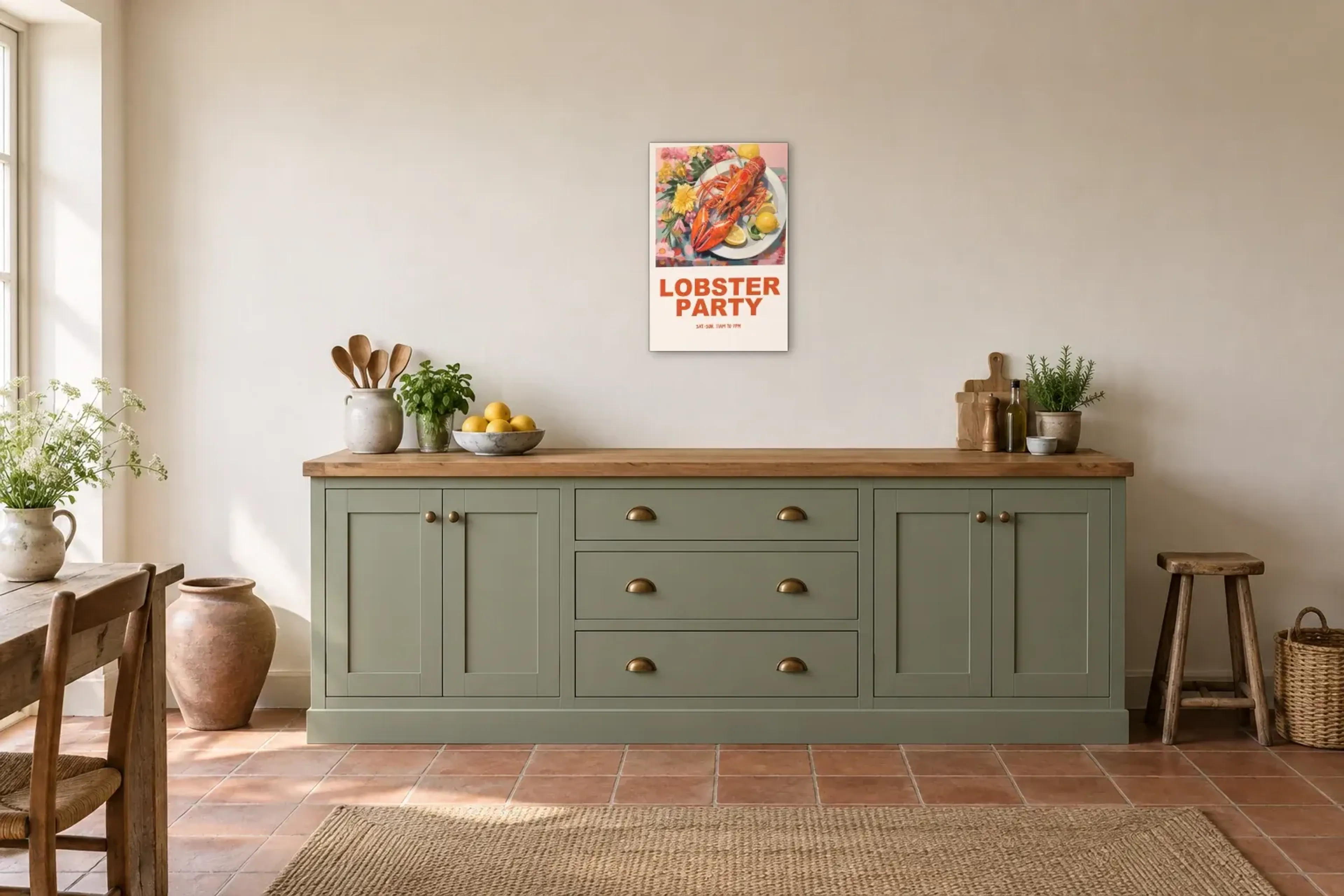 Lobster Party als Wandbild über einer 200-cm-Arbeitsplatte