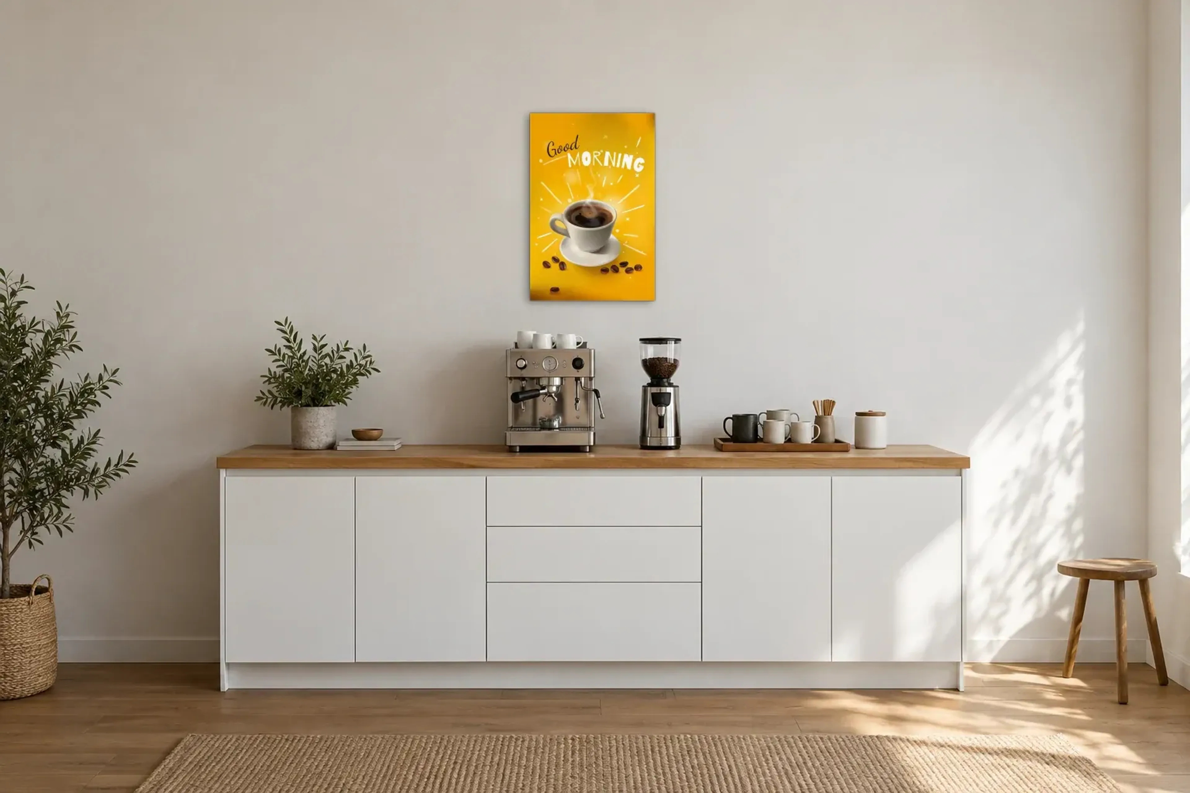 Guten Morgen in Gelb als Wandbild über einer 200-cm-Arbeitsplatte