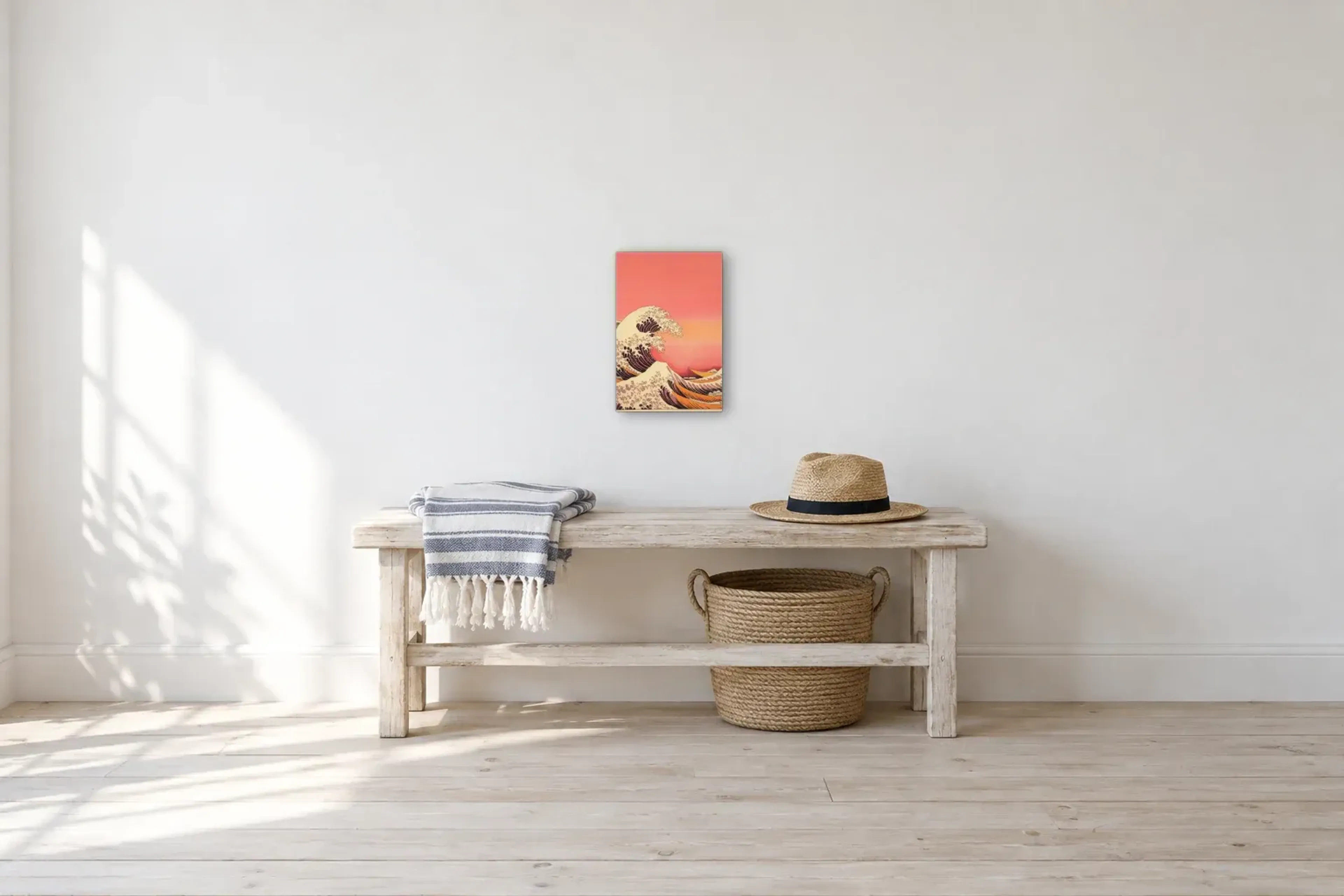 Welle in Korallrosa als Wandbild über einer 100-cm-Bank