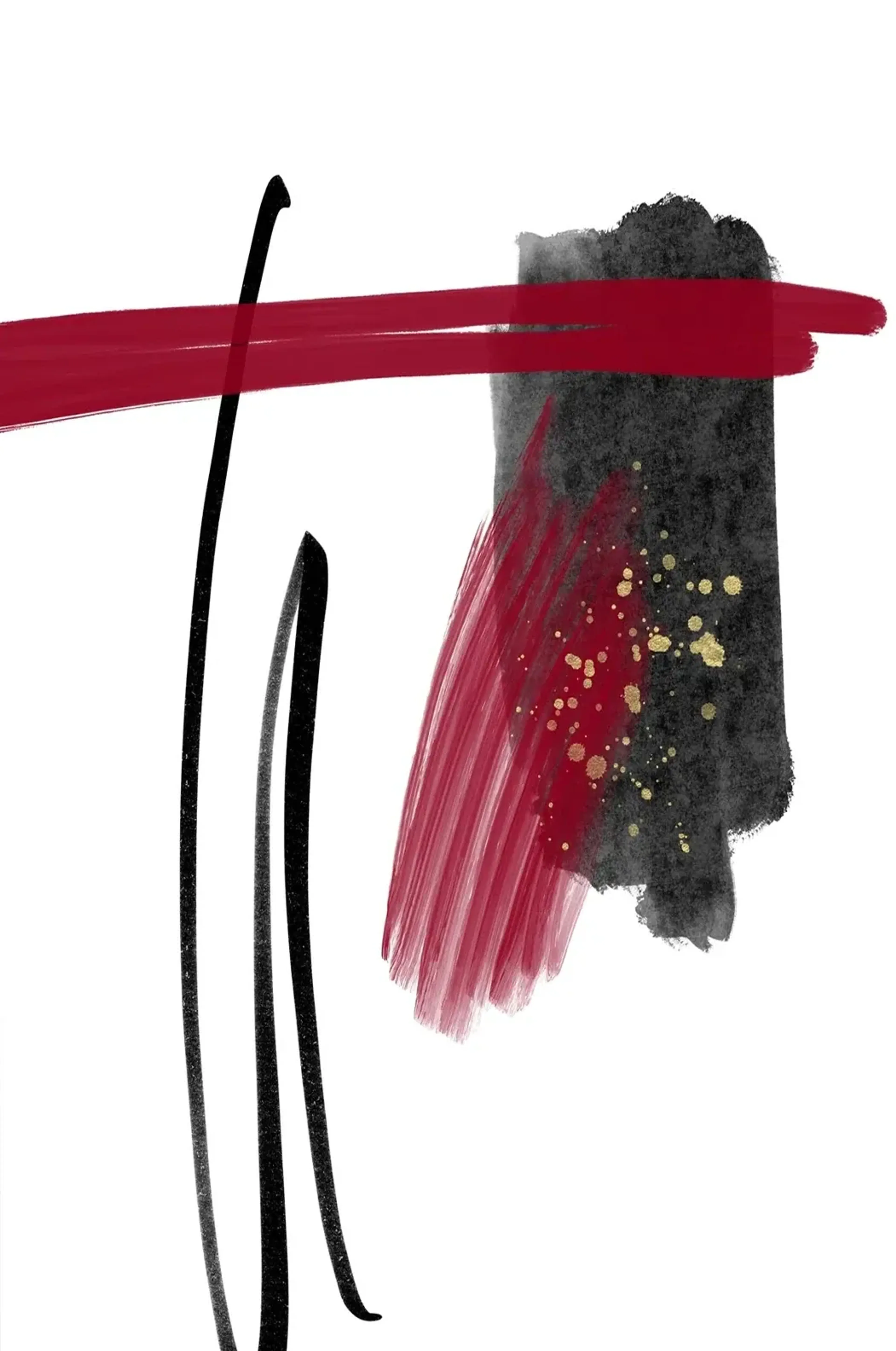 Roter Querstrich, dunkelgraue Farbfläche, schräge rote Spuren und goldfarbene Sprenkel neben schwarzen Linien.