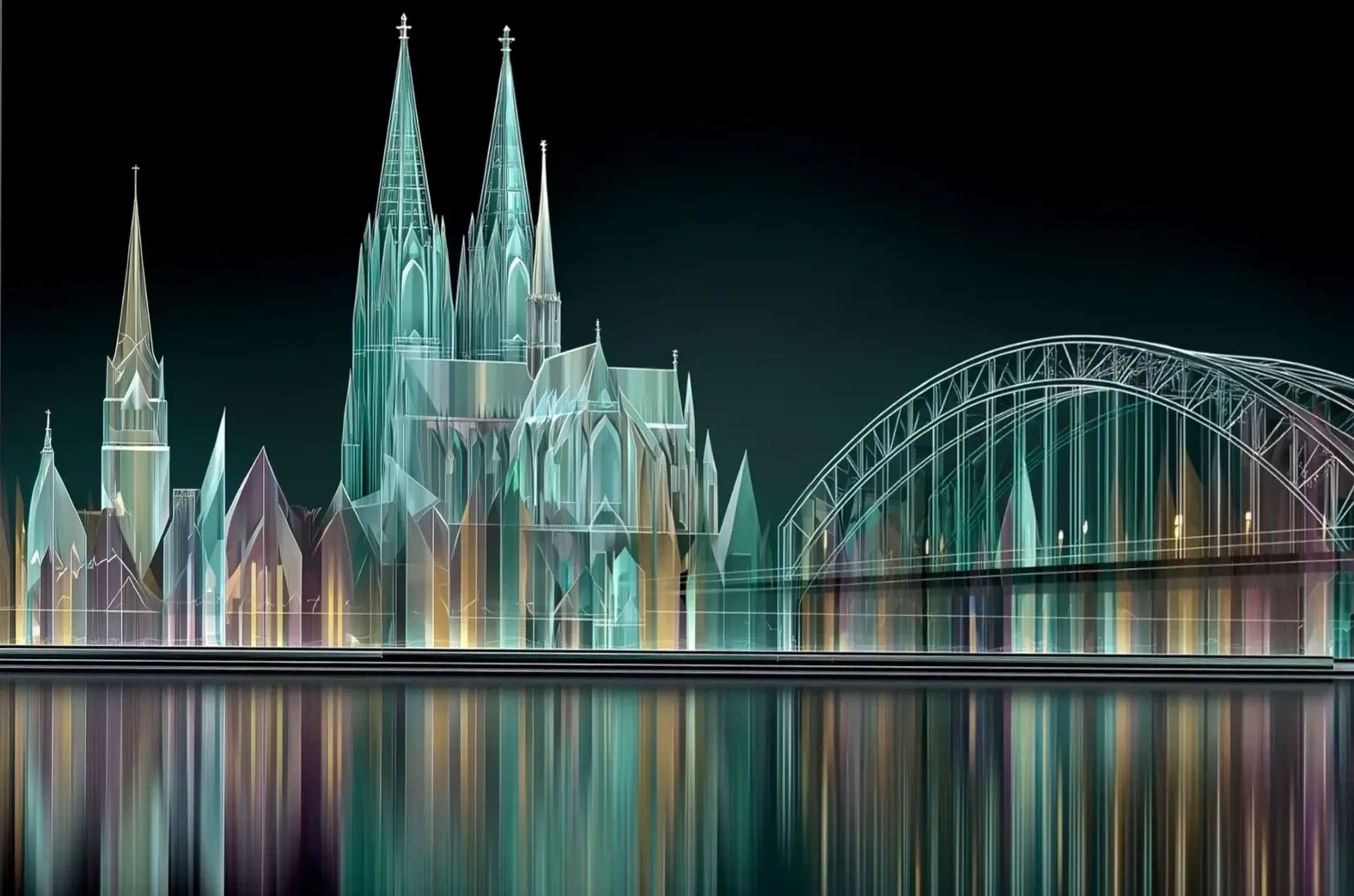 Kölner Dom und Bogenbrücke aus zarten Lichtlinien mit türkisfarbenen, gelben und violetten Spiegelungen.
