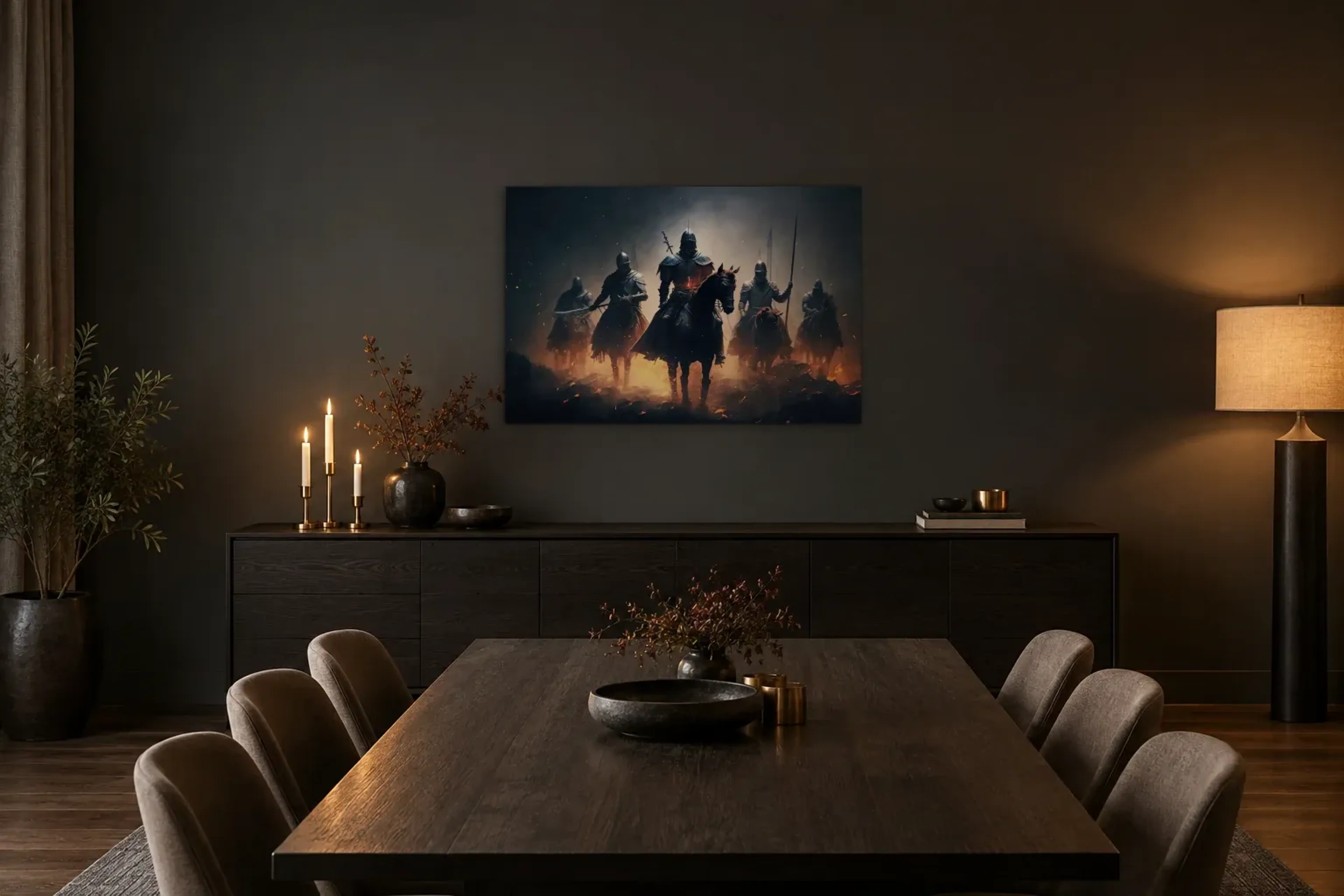 Ritter auf Pferden als Wandbild über einem 180-cm-Sideboard
