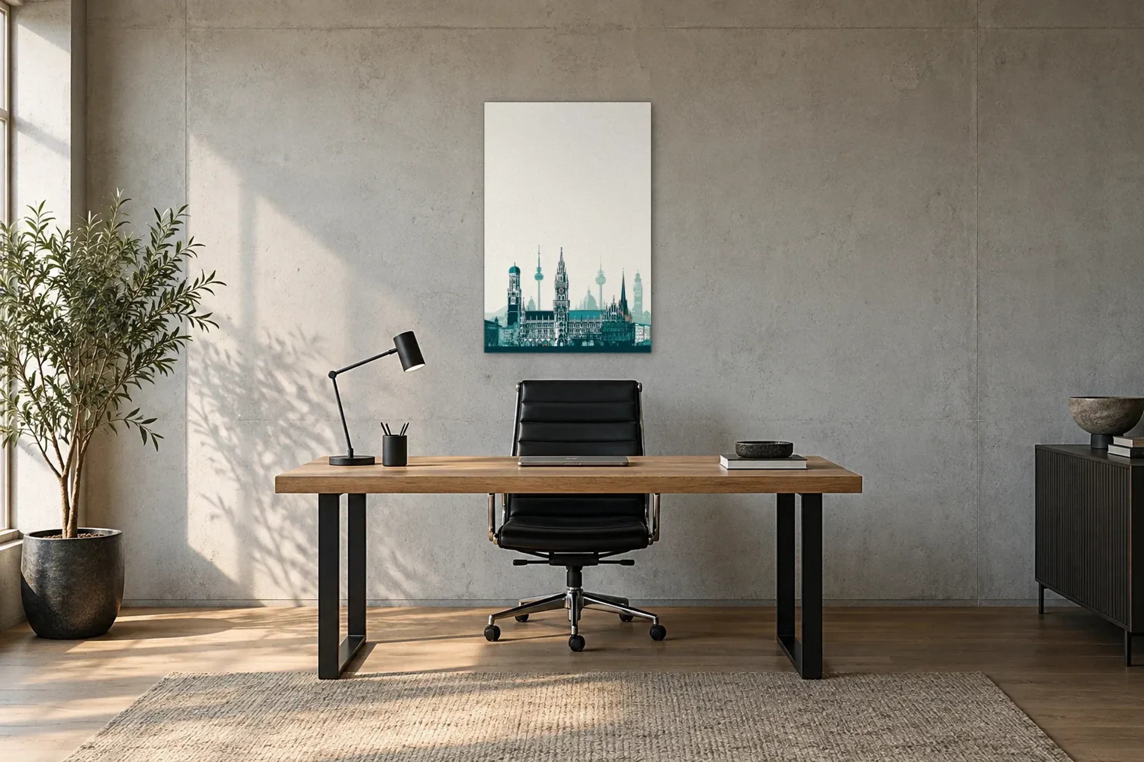 München in Petrol als Wandbild über einem 160-cm-Schreibtisch