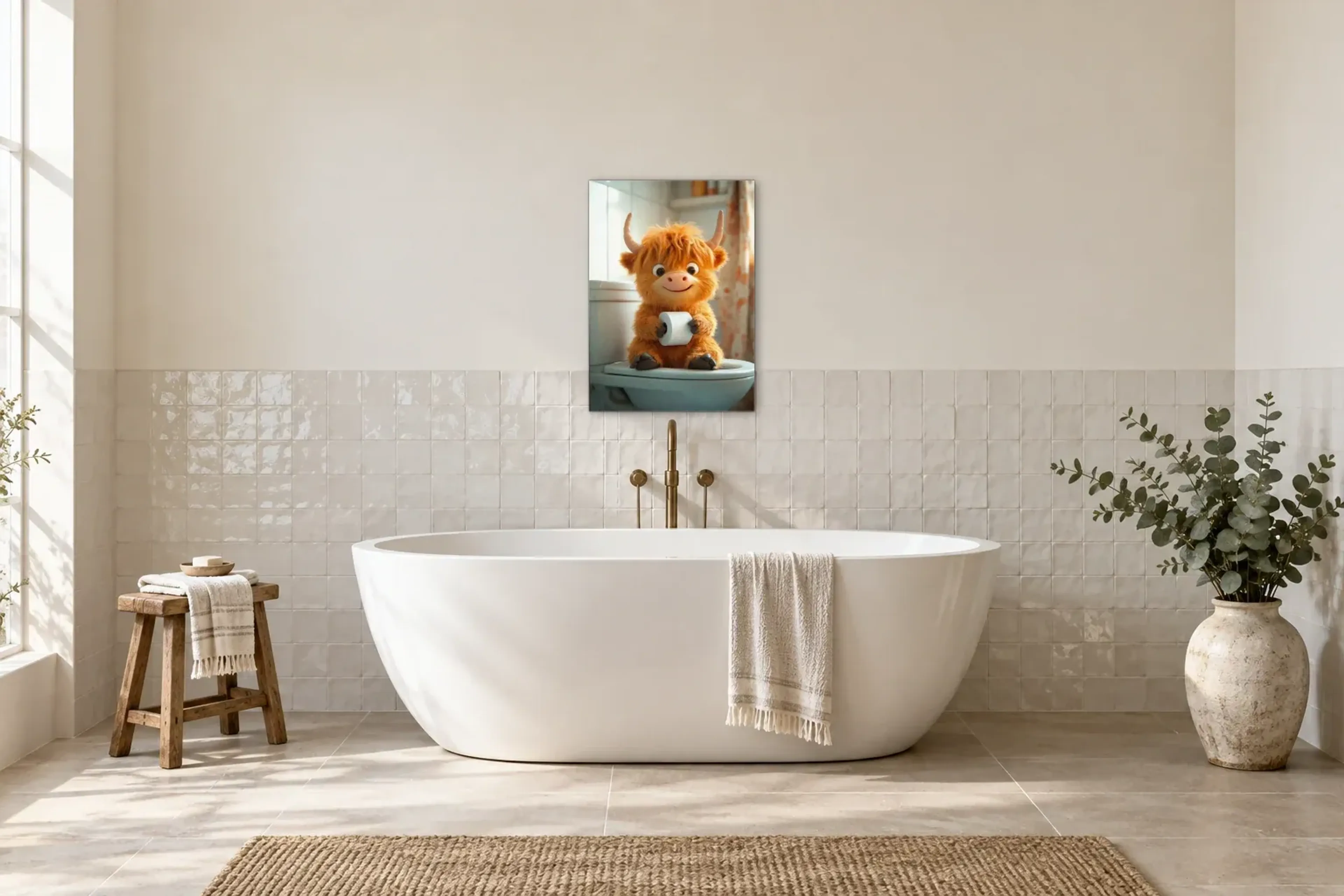 Hochlandrind mit sanftem Lächeln als Wandbild über einer 170-cm-Badewanne