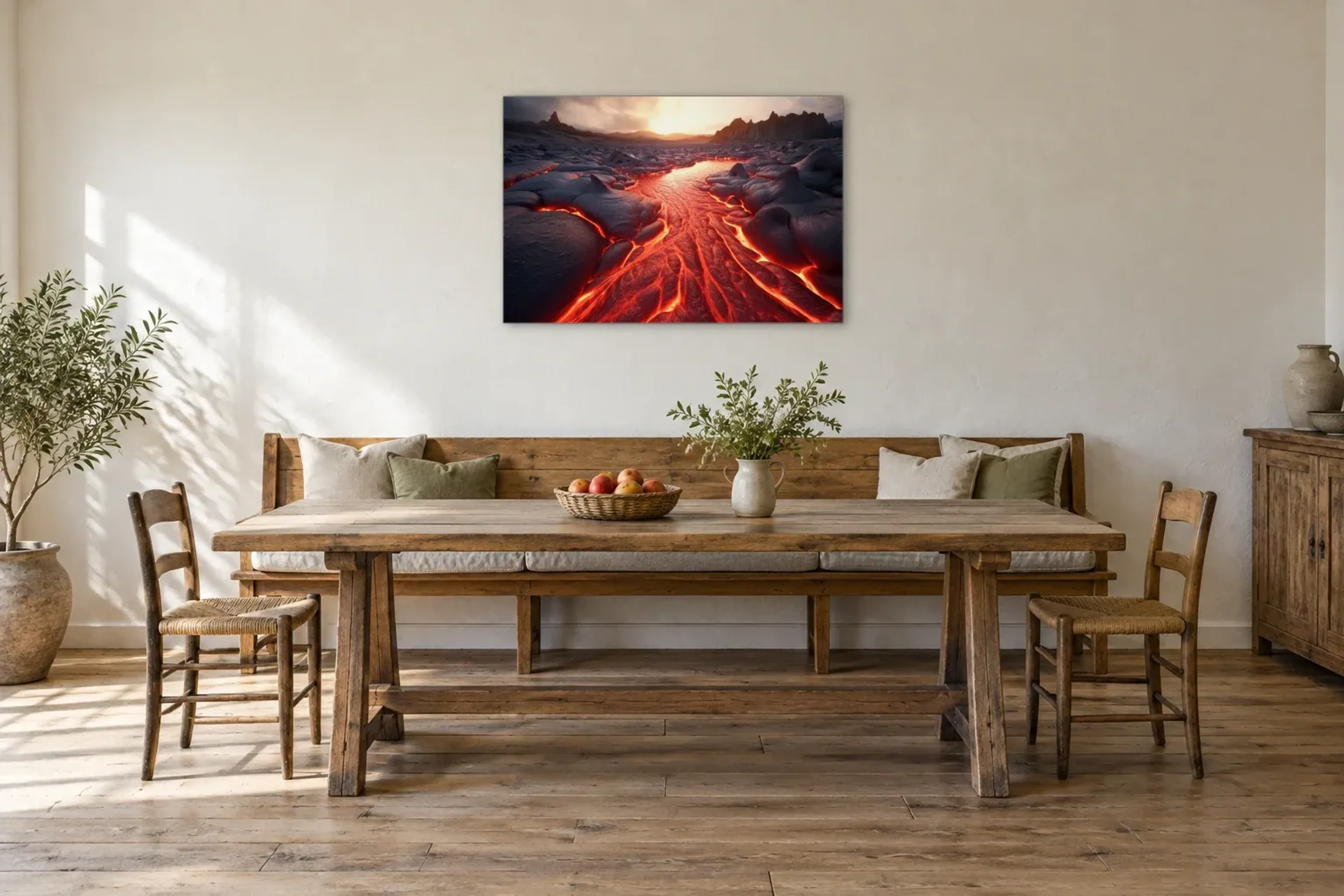 Glühender Lavastrom als Wandbild über einer 200-cm-Sitzbank