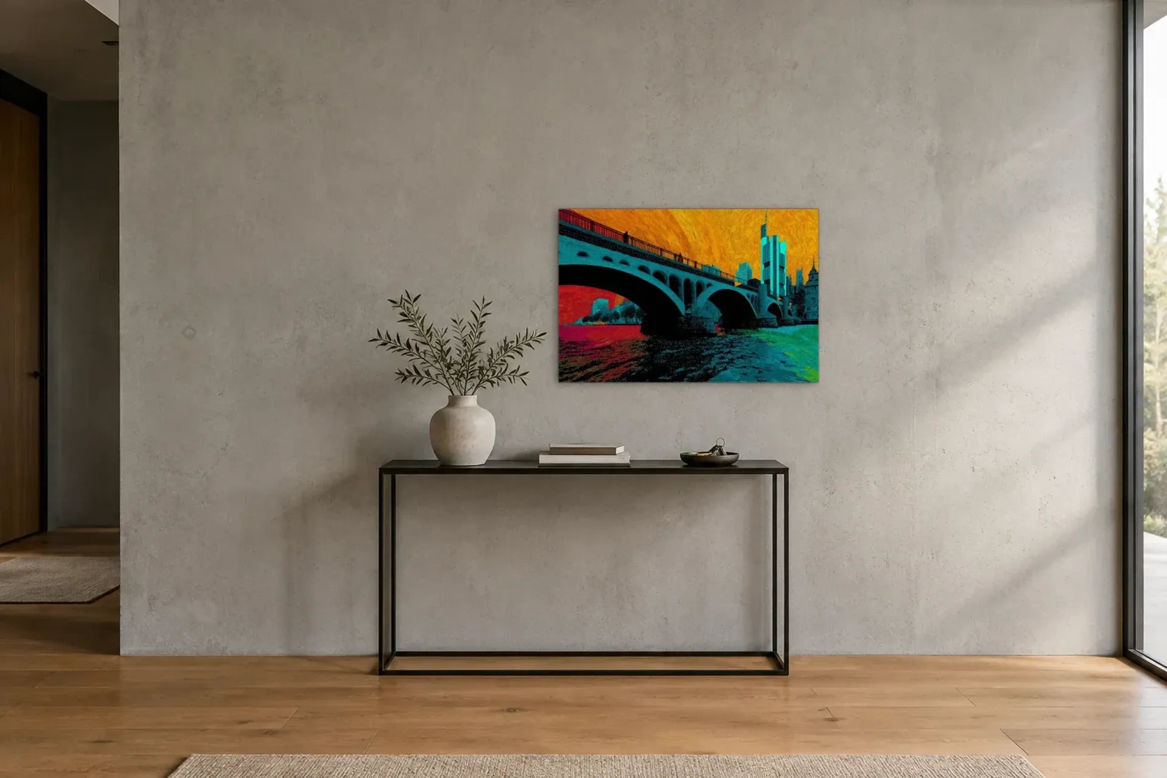 Frankfurter Brückenbögen in Türkis als Wandbild über einer 120-cm-Konsole