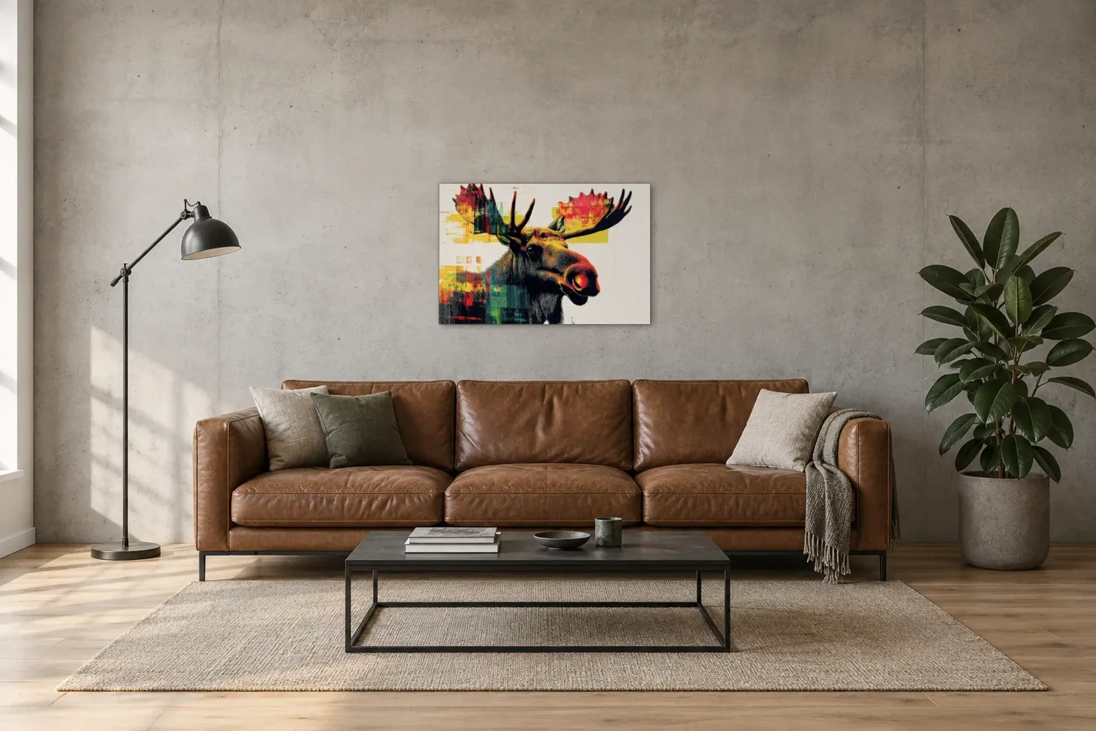 Elch auf hellem Grund als Wandbild über einem 220-cm-Sofa