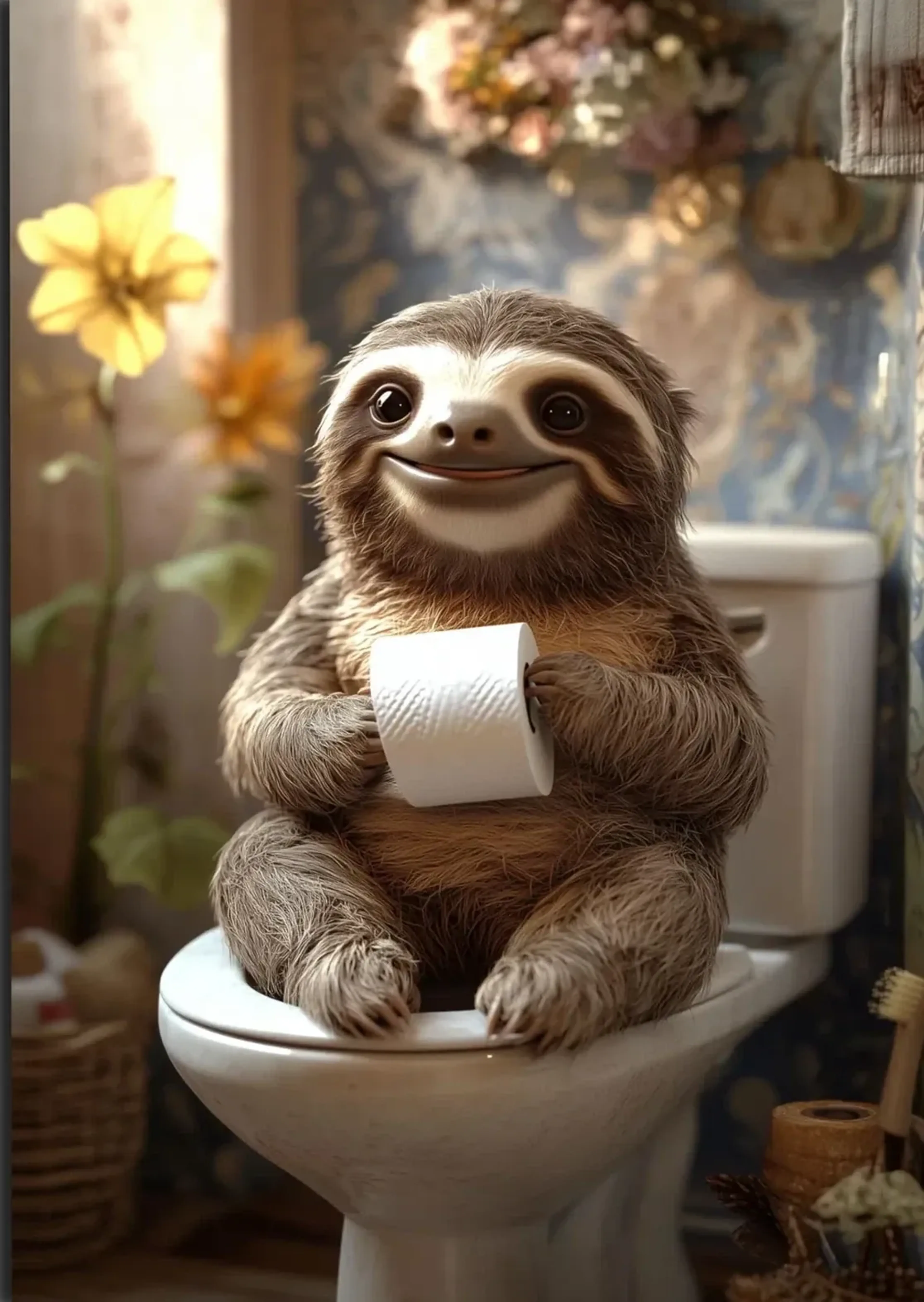 Lächelndes Faultier mit Toilettenpapierrolle auf einer Toilette, umgeben von gelben Blumen und floraler Tapete.